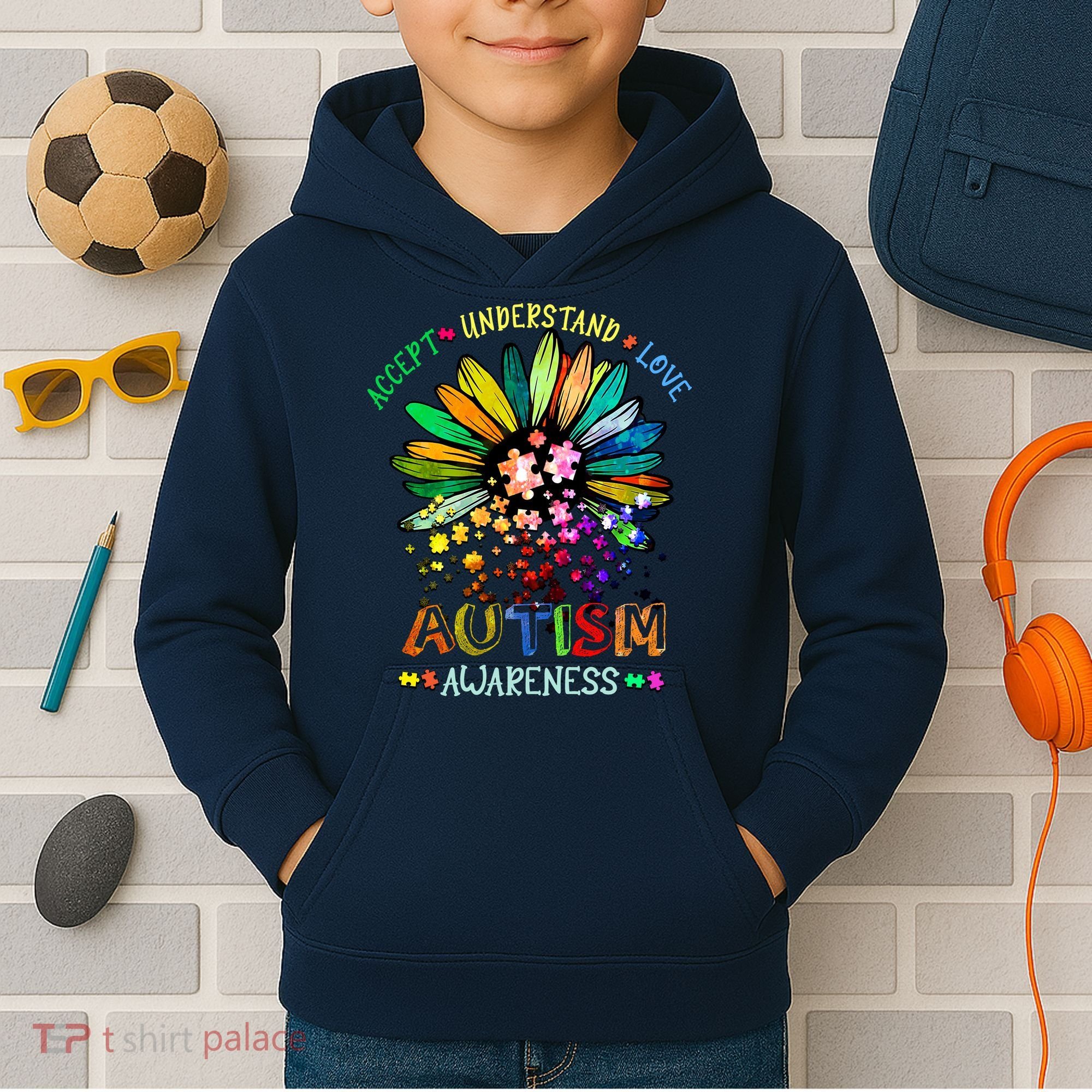 Accept Understand Love Autism Awareness Sunflower Puzzle Pieces Kids Hoodie