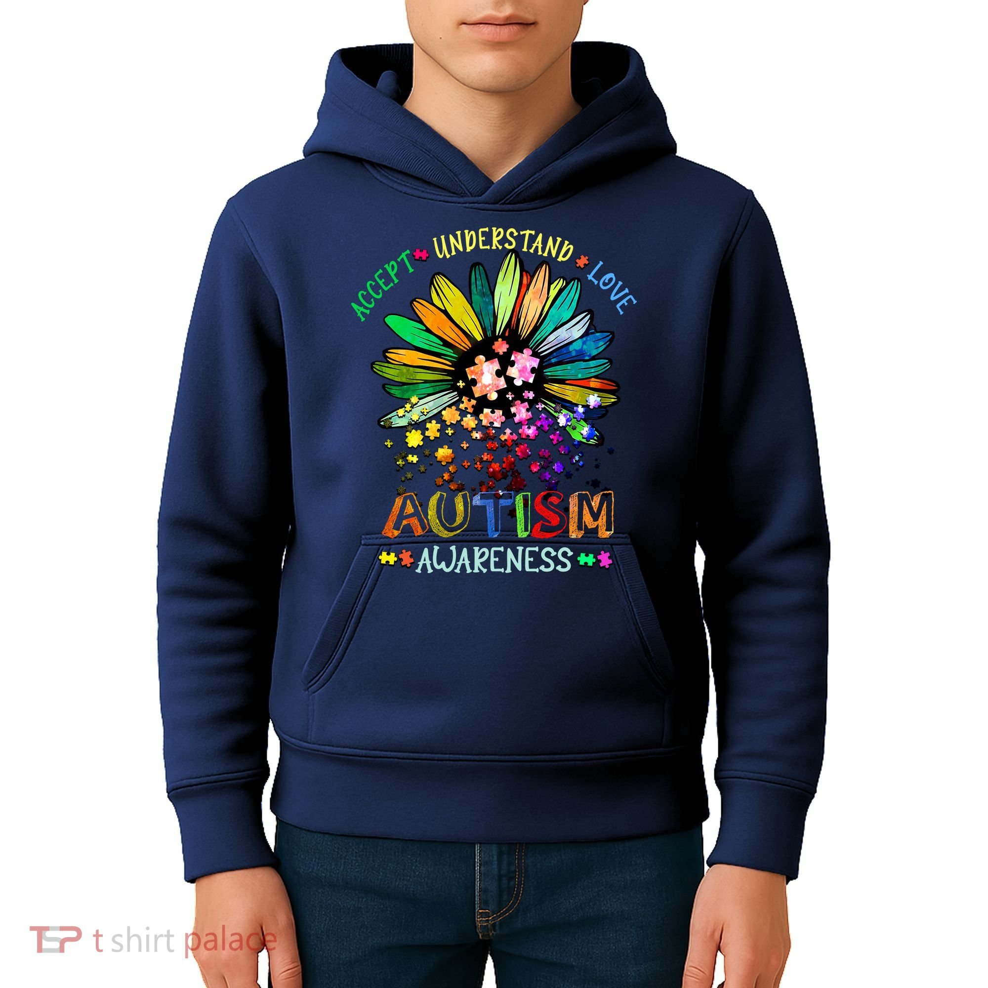 Accept Understand Love Autism Awareness Sunflower Puzzle Pieces Kids Hoodie