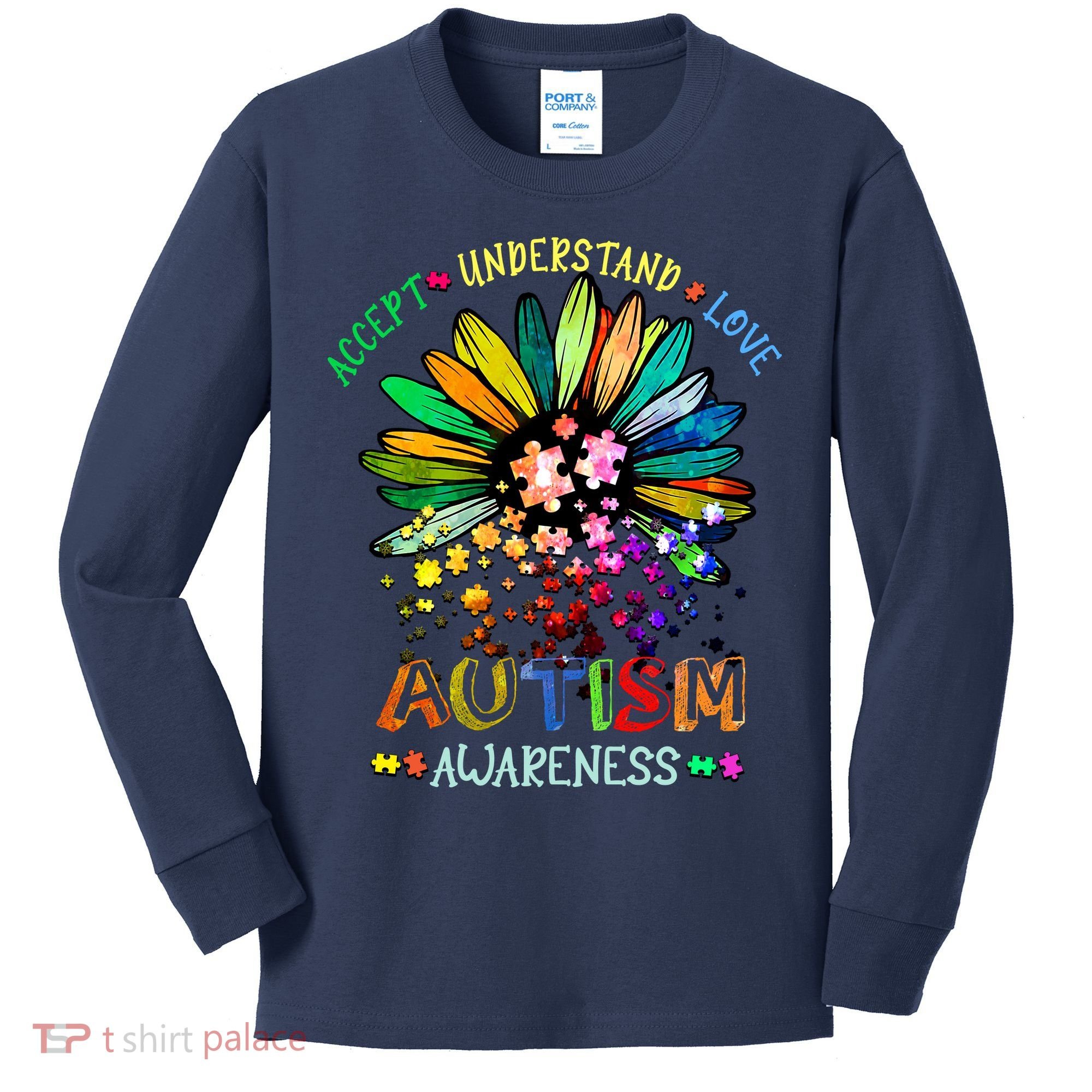 Accept Understand Love Autism Awareness Sunflower Puzzle Pieces Kids Long Sleeve Shirt