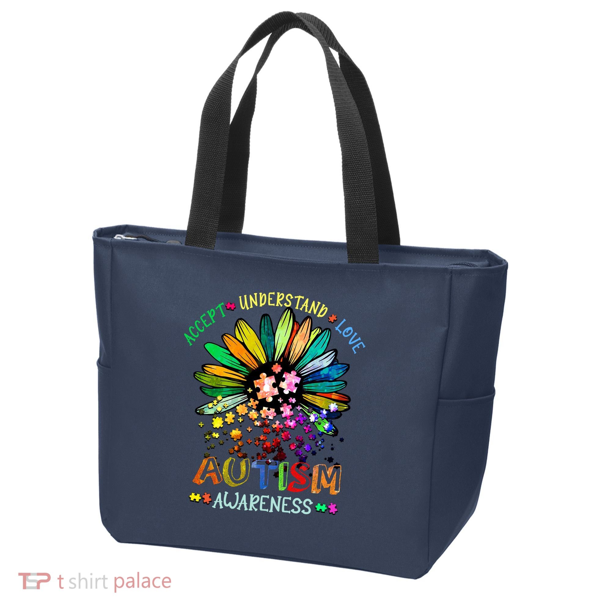 Accept Understand Love Autism Awareness Sunflower Puzzle Pieces Tote Bag