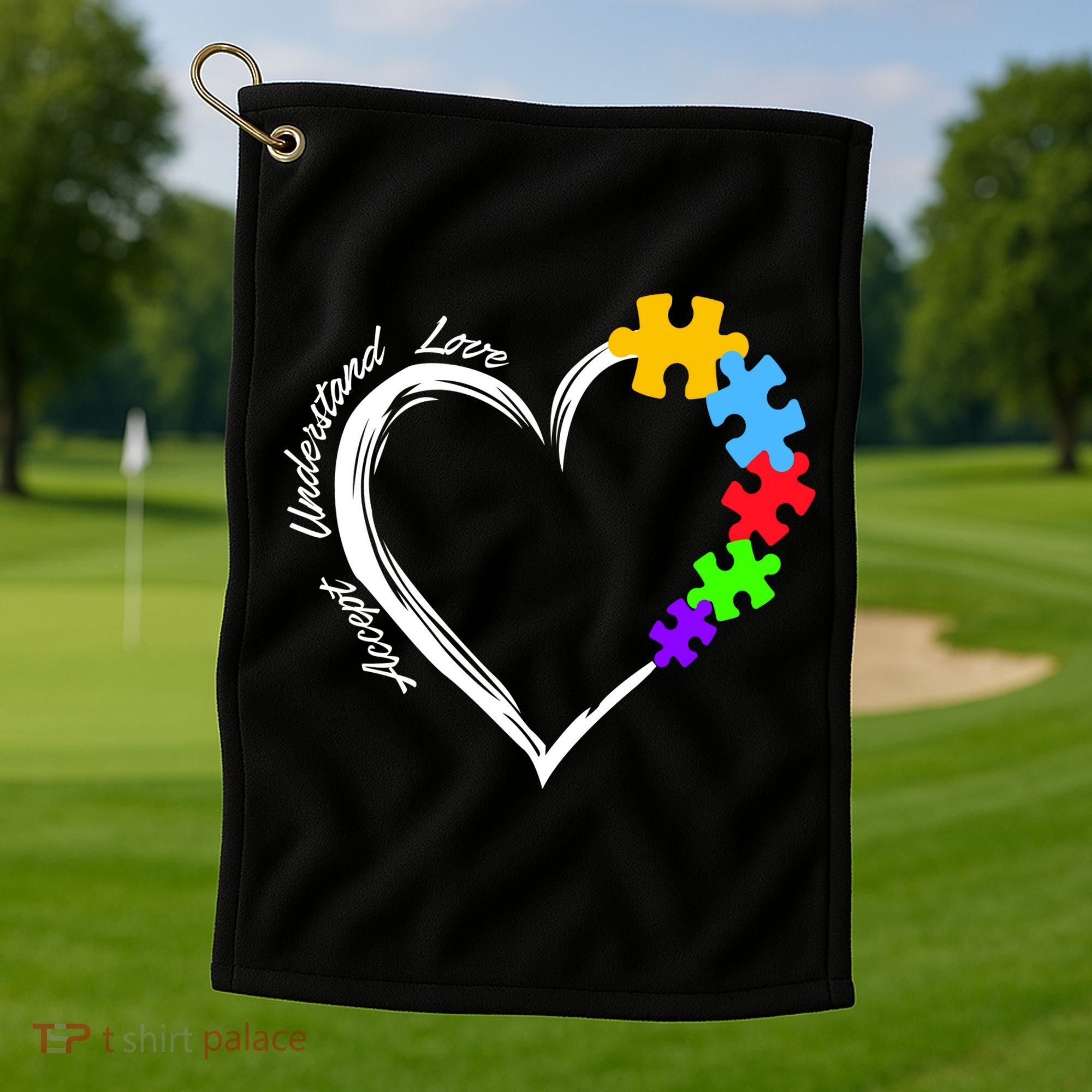 Accept Understand Love Autism Awareness Puzzle Heart Golf Towel