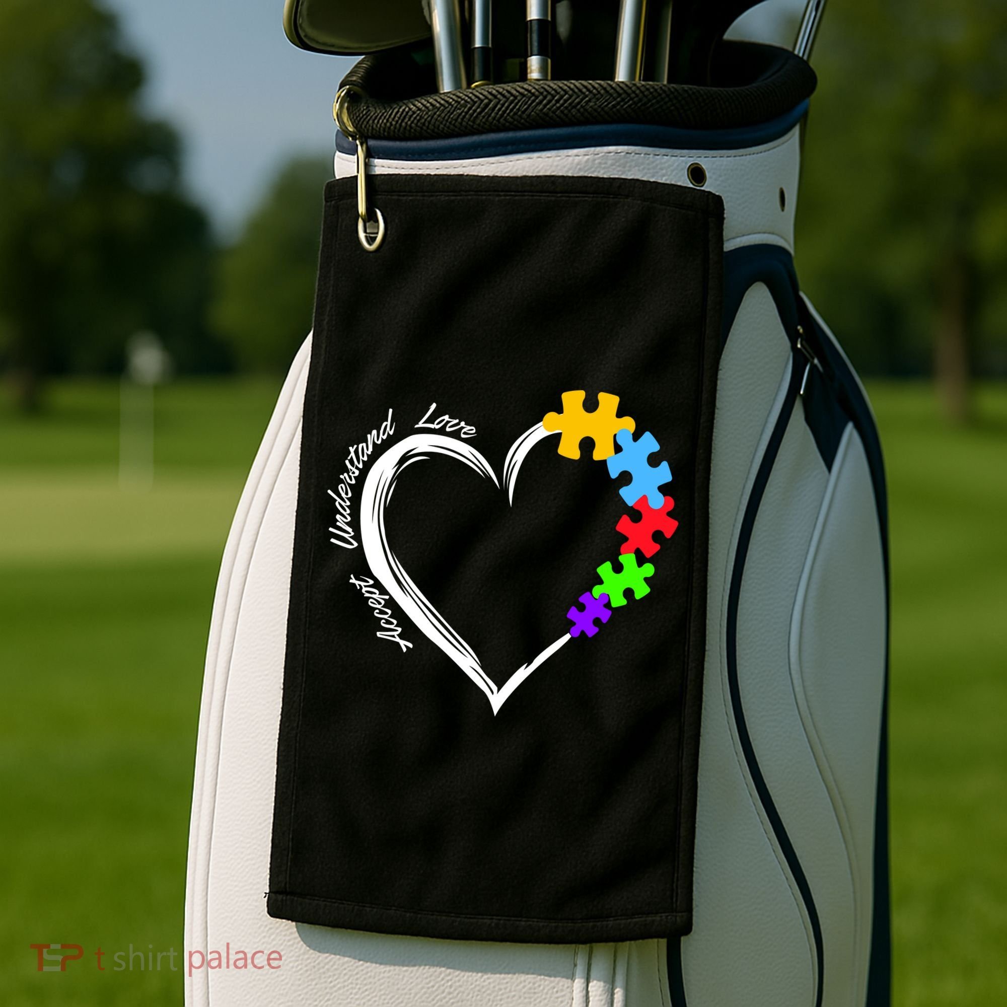 Accept Understand Love Autism Awareness Puzzle Heart Golf Towel