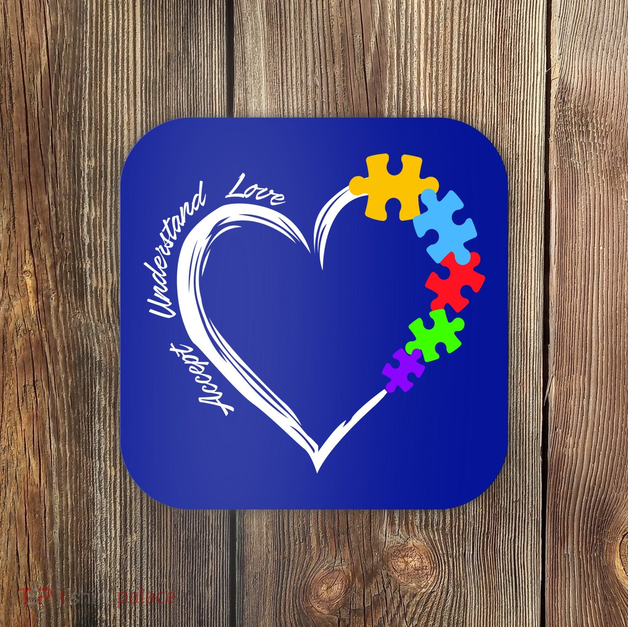 Accept Understand Love Autism Awareness Puzzle Heart Coaster
