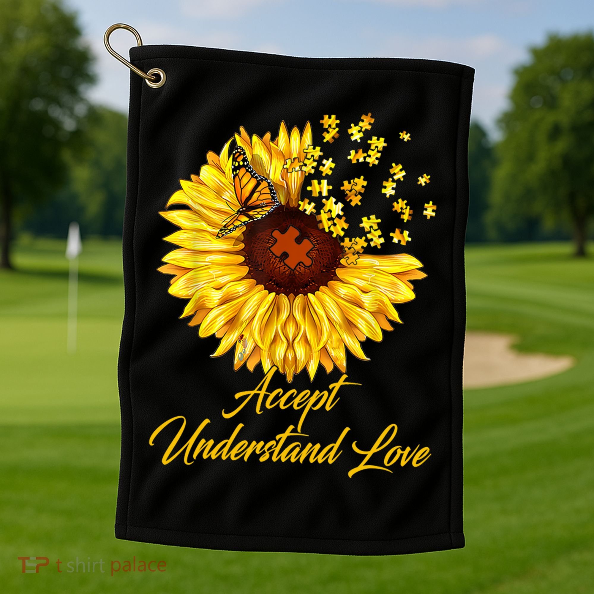 Accept Understand Love Sunflower Autism Golf Towel