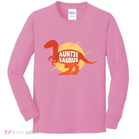 Auntie Saurus Kids Long Sleeve Shirt in the selected color