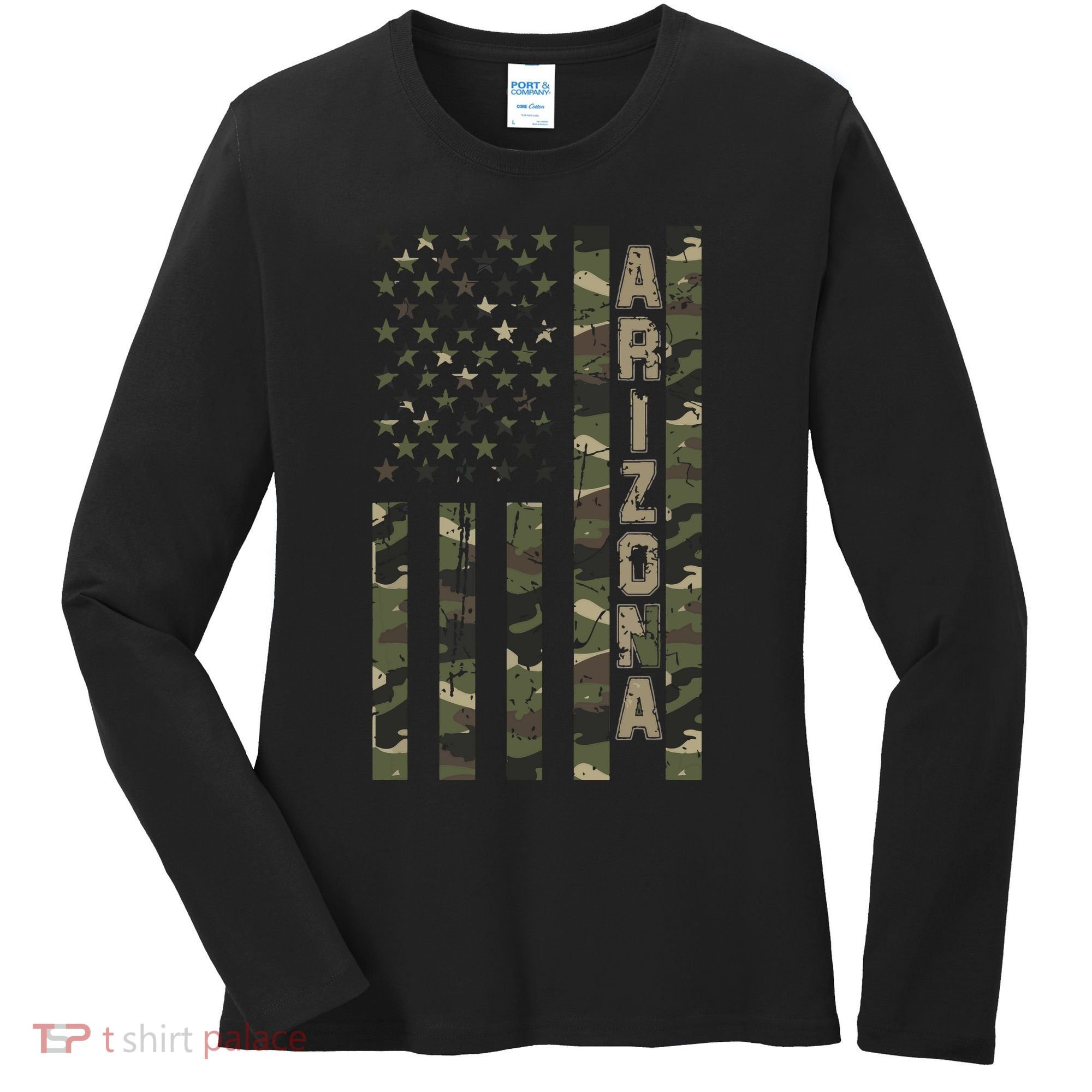 Arizona United States Distressed Camo W Us Flag Women's Long Sleeve Shirt