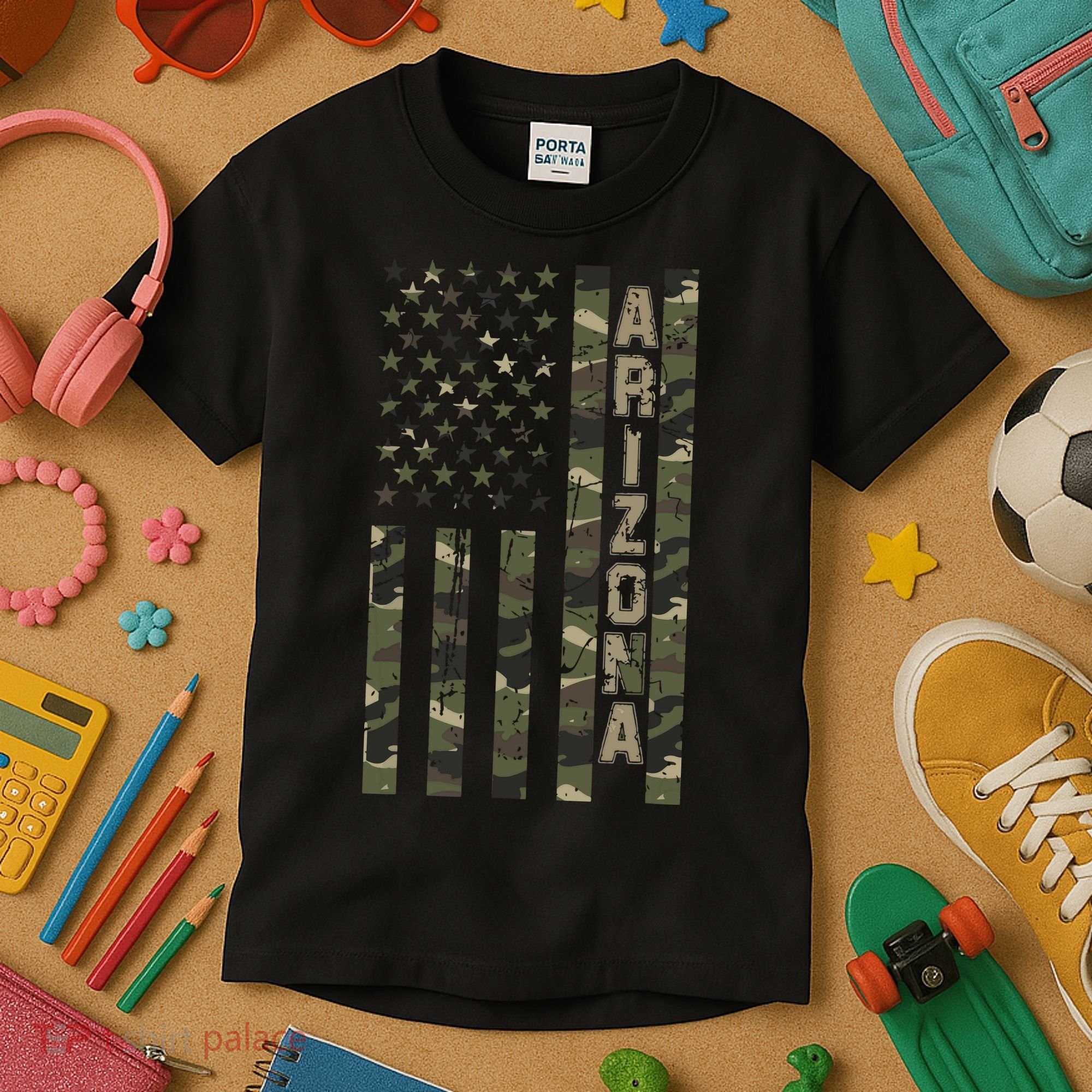 Arizona United States Distressed Camo W Us Flag Kids T-Shirt