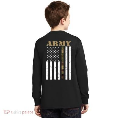 Army United States Thin Camo Line Flag Front And Back Kids Long Sleeve Shirt back