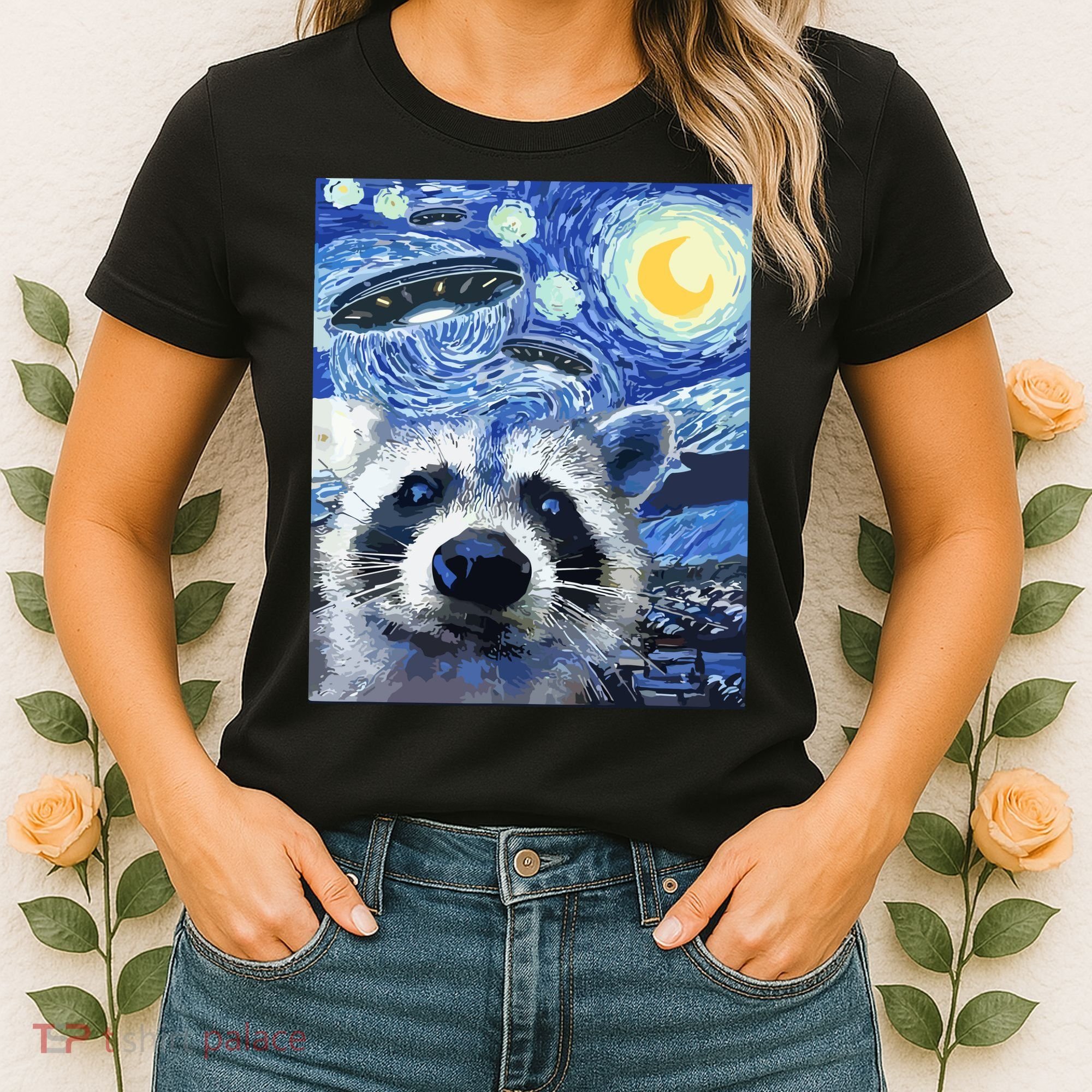 Alien Ufo Starry Night Racoon Women's T-Shirt