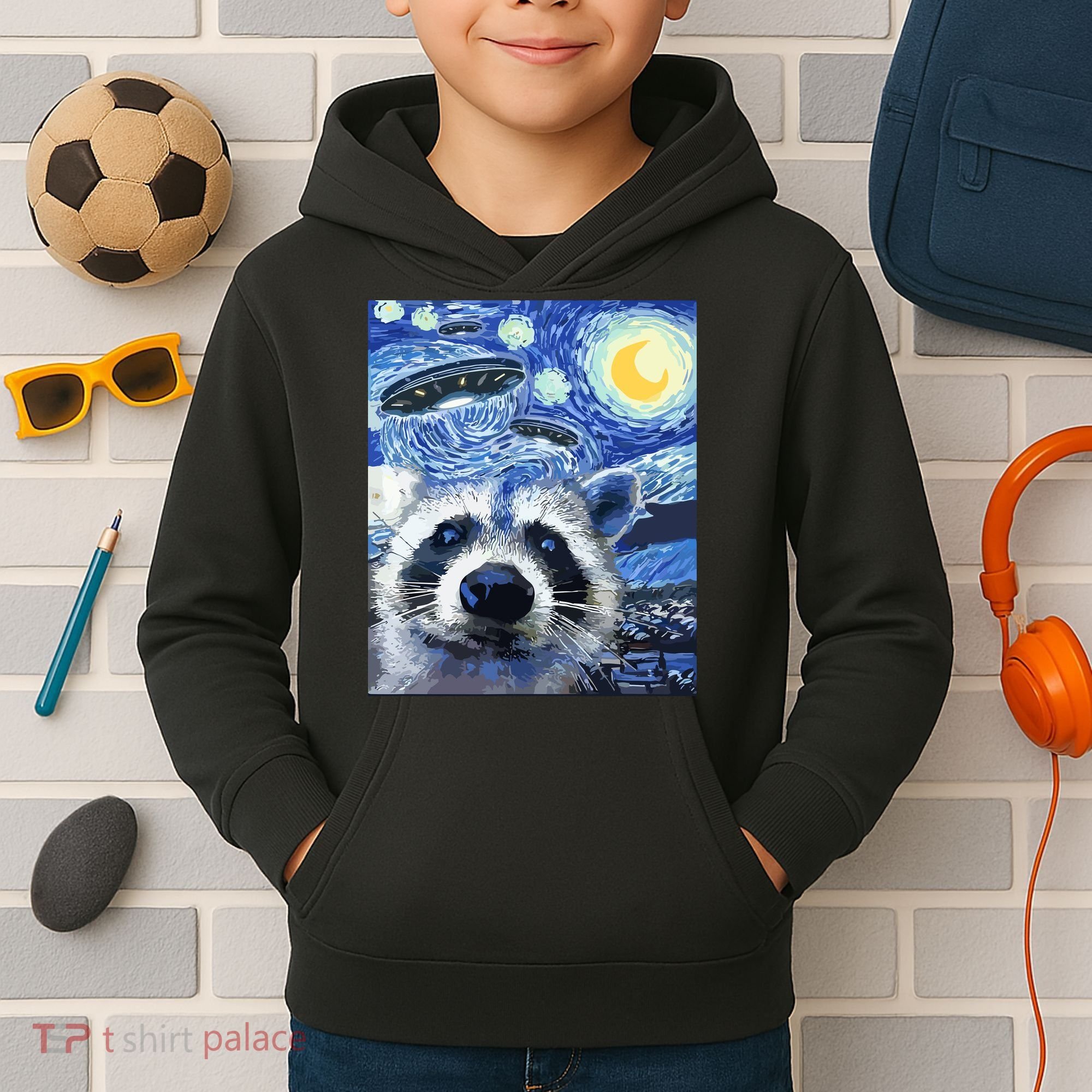 Alien Ufo Starry Night Racoon Kids Hoodie