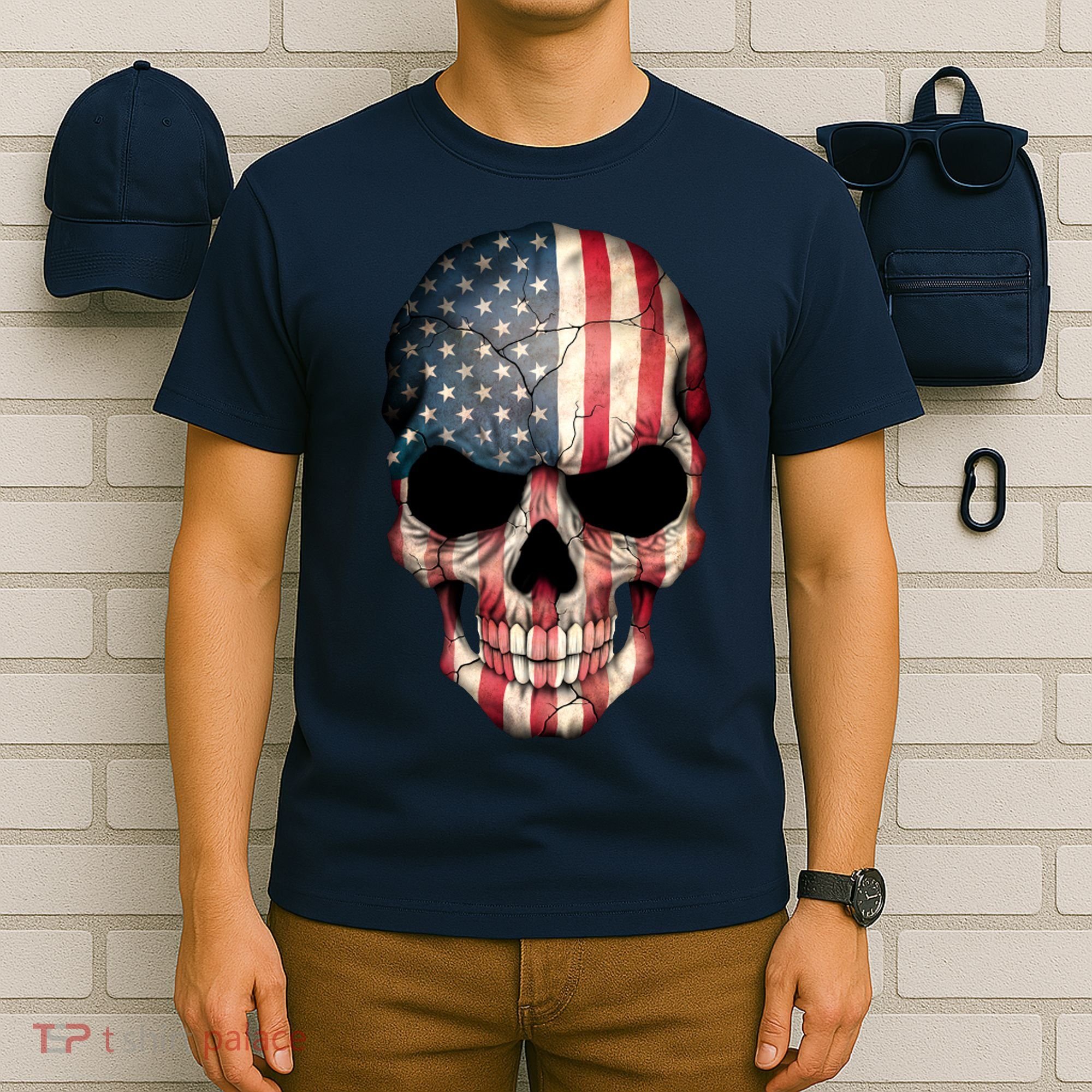 American USA Skull Grunge American Flag T-Shirt