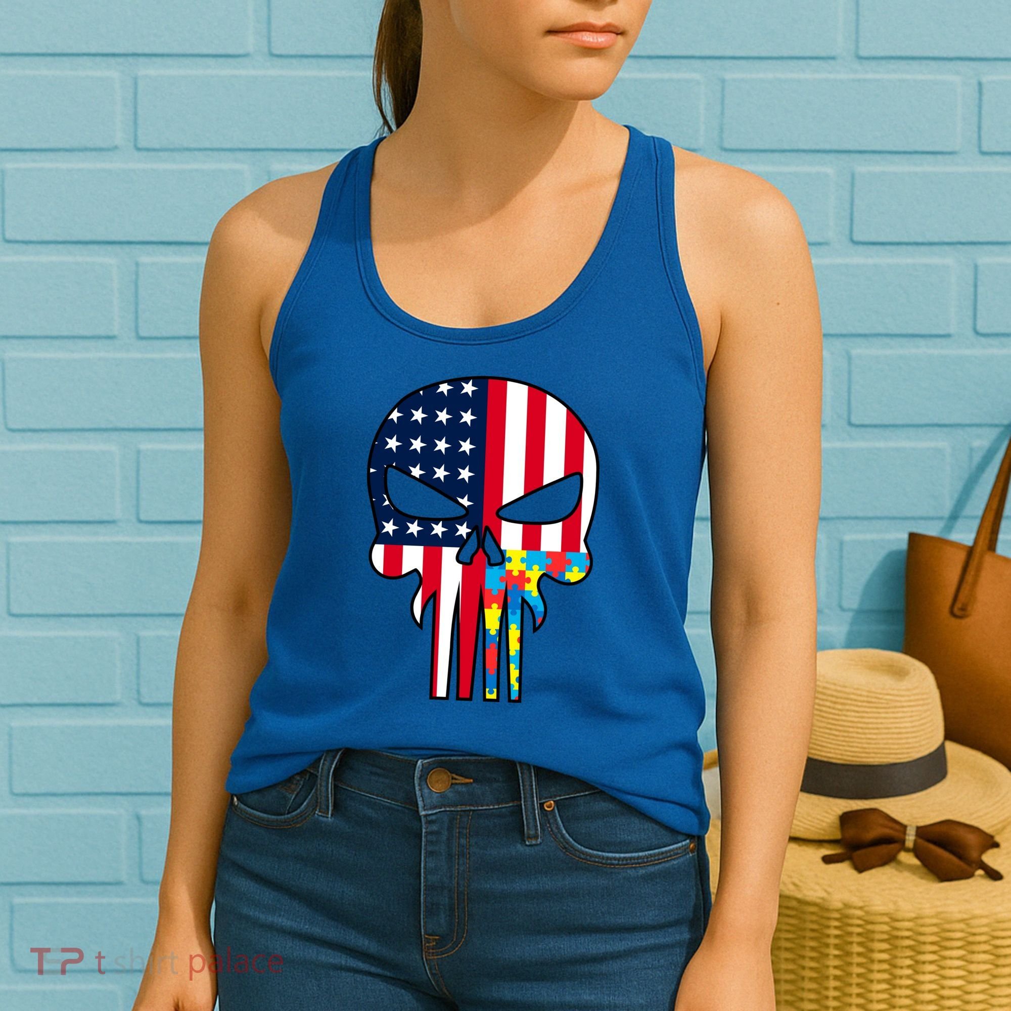 Autism Awareness American Skull Women's Tank Top