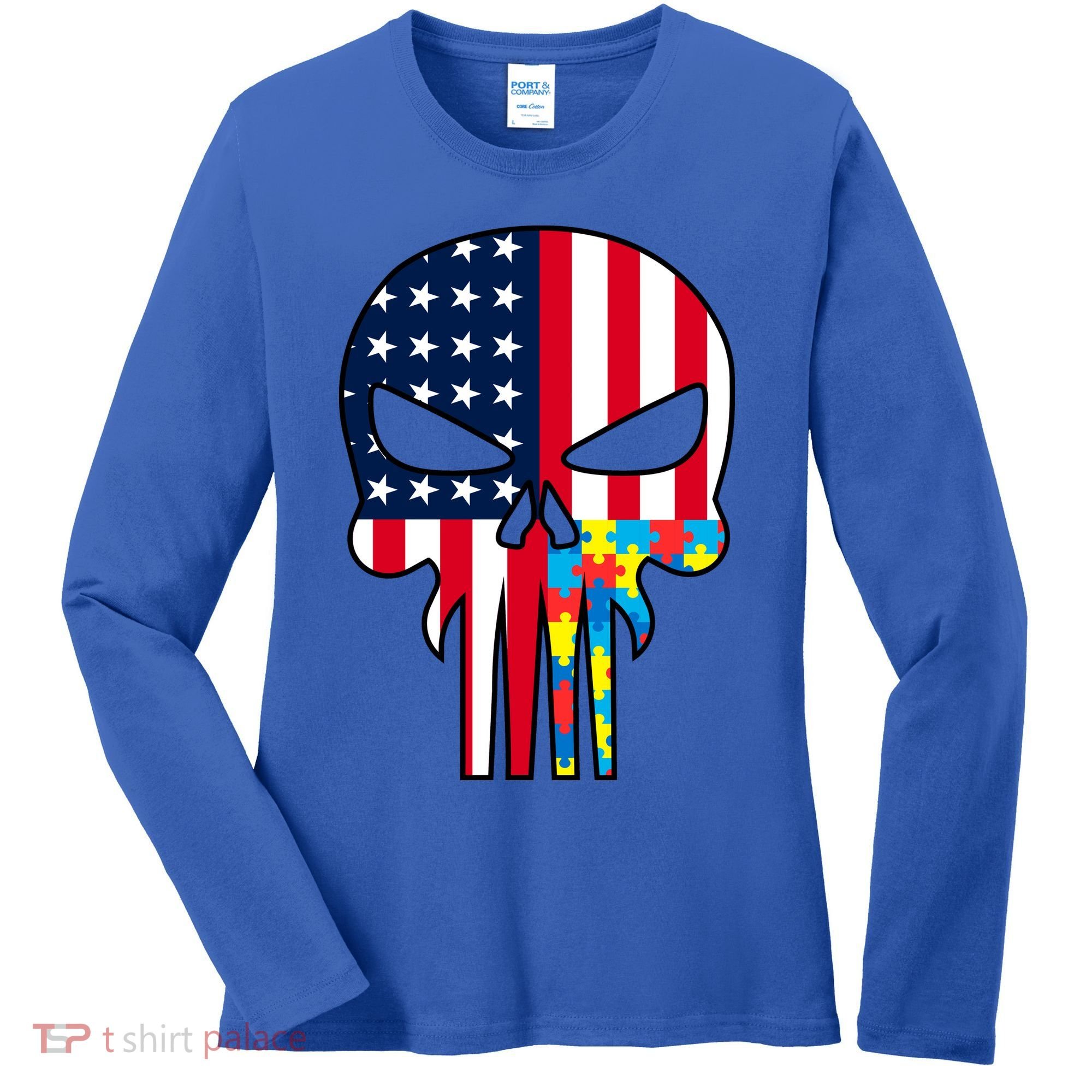 Autism Awareness American Skull Women's Long Sleeve Shirt