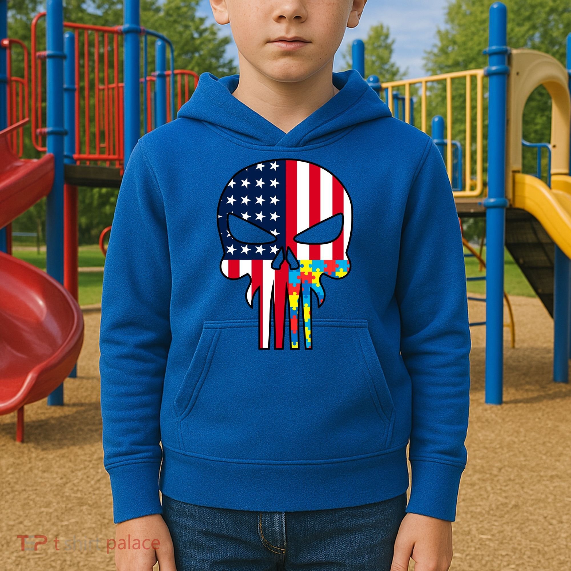 Autism Awareness American Skull Kids Hoodie