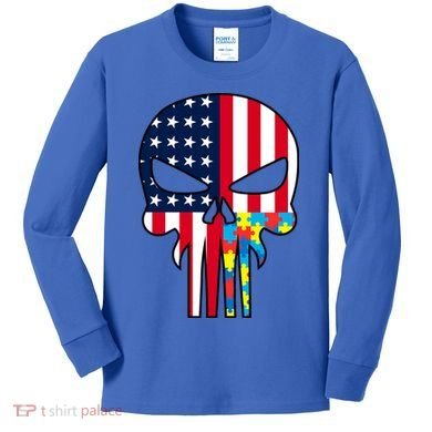 Autism Awareness American Skull Kids Long Sleeve Shirt