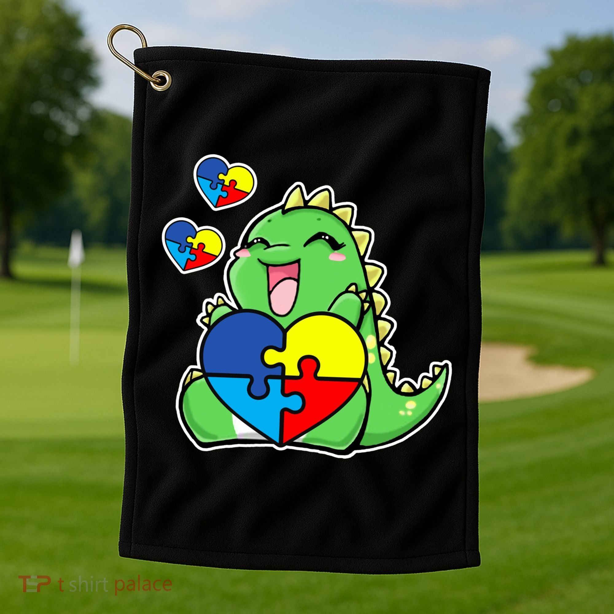 Autism Awareness Cute Dinosaur Puzzle Piece Golf Towel