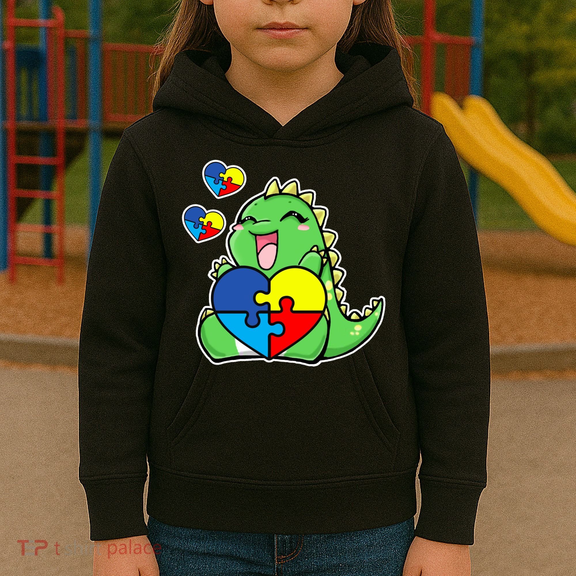 Autism Awareness Cute Dinosaur Puzzle Piece Kids Hoodie