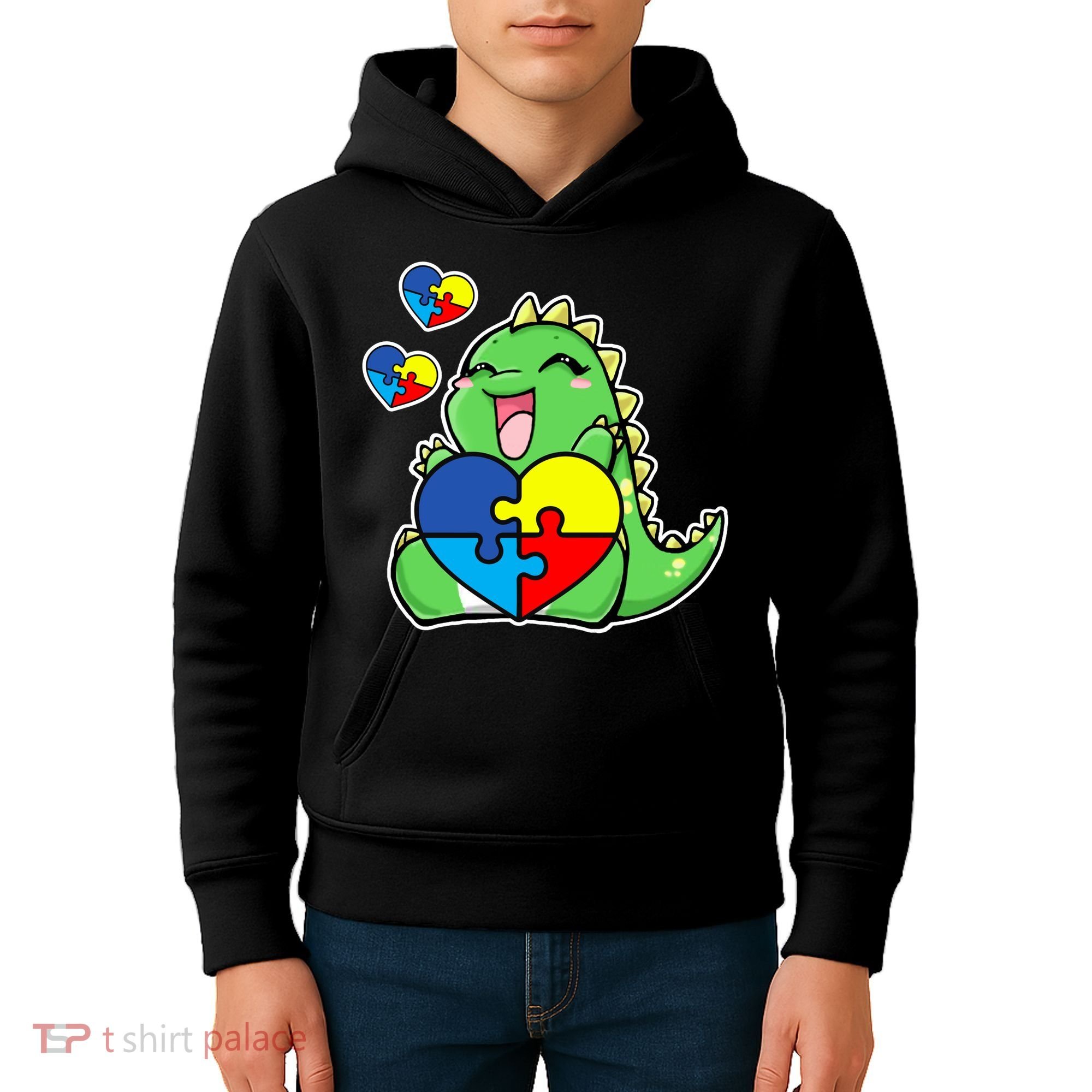 Autism Awareness Cute Dinosaur Puzzle Piece Kids Hoodie