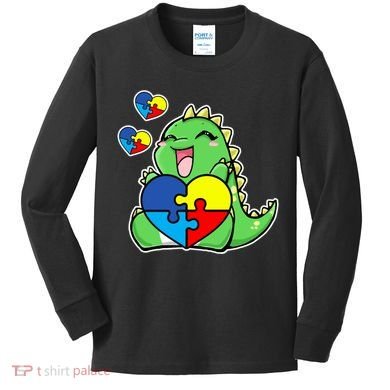 Autism Awareness Cute Dinosaur Puzzle Piece Kids Long Sleeve Shirt
