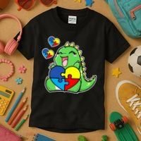 Autism Awareness Cute Dinosaur Puzzle Piece Kids T-Shirt thumb 3