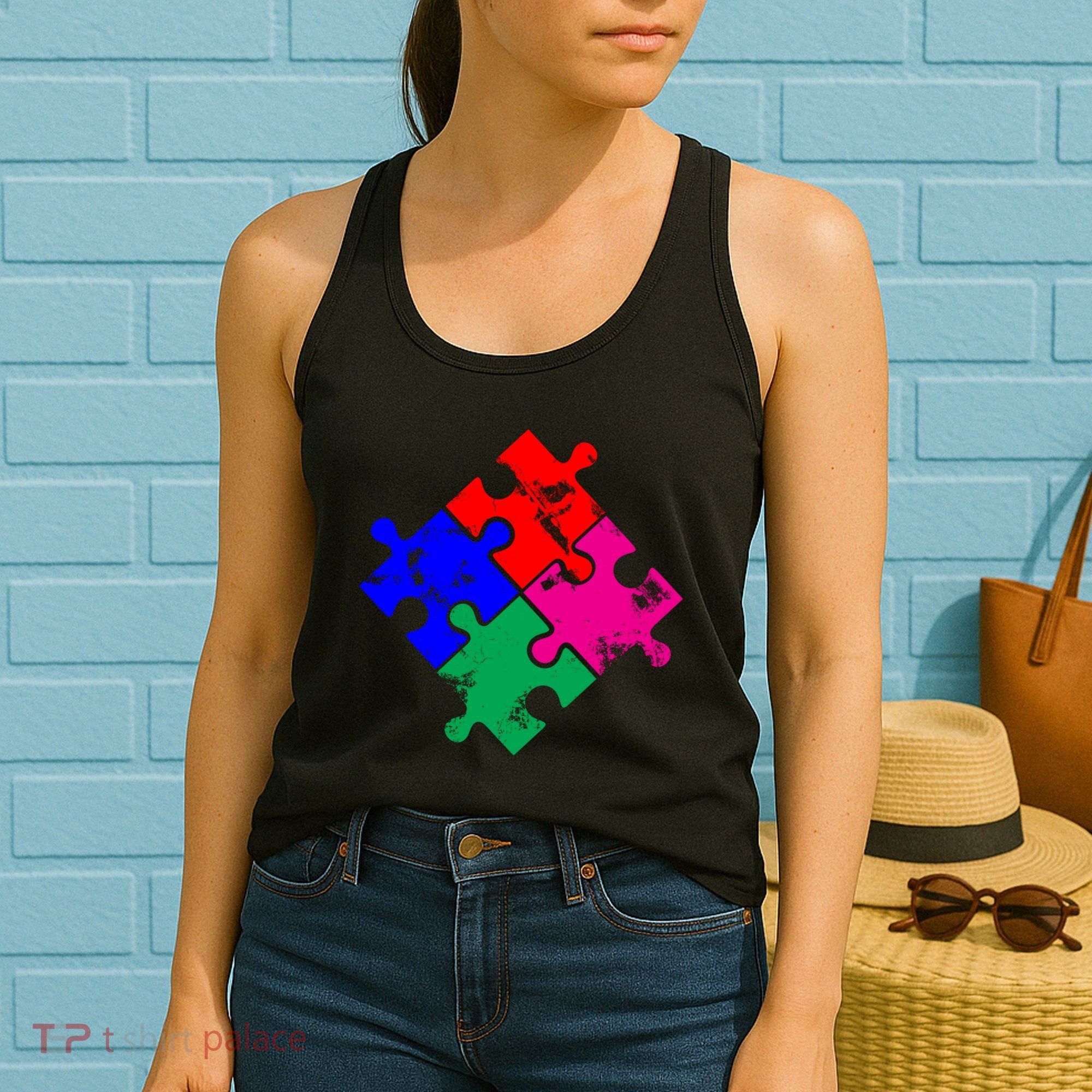 Autism Awareness Distressed Puzzle Pieces  Women's Tank Top