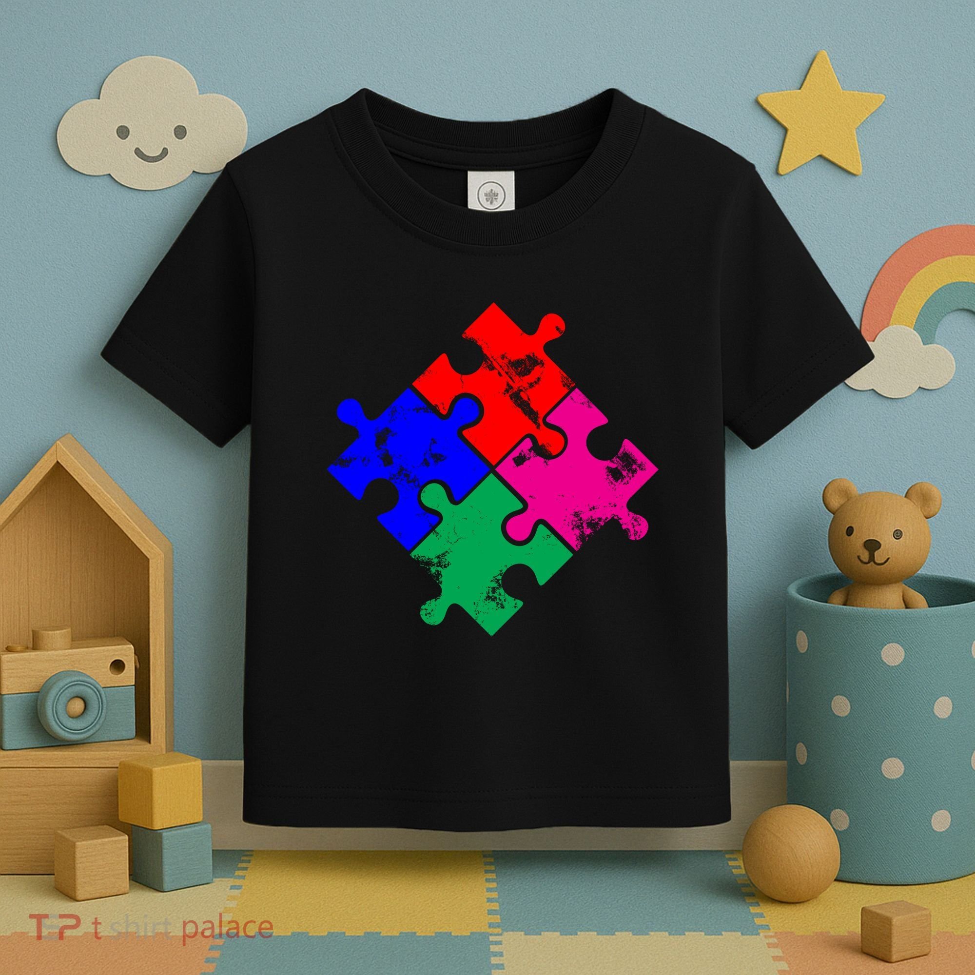 Autism Awareness Distressed Puzzle Pieces  Toddler T-Shirt