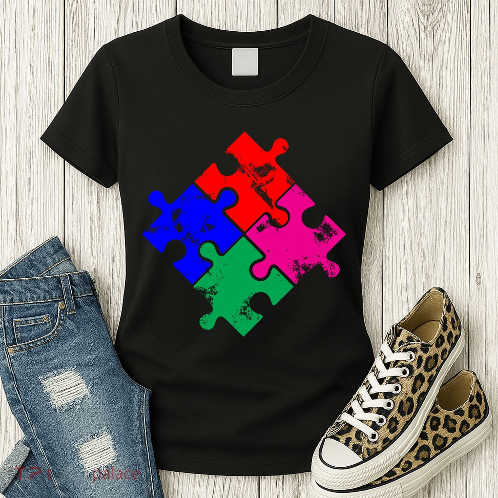 Autism Awareness Distressed Puzzle Pieces  Women's T-Shirt