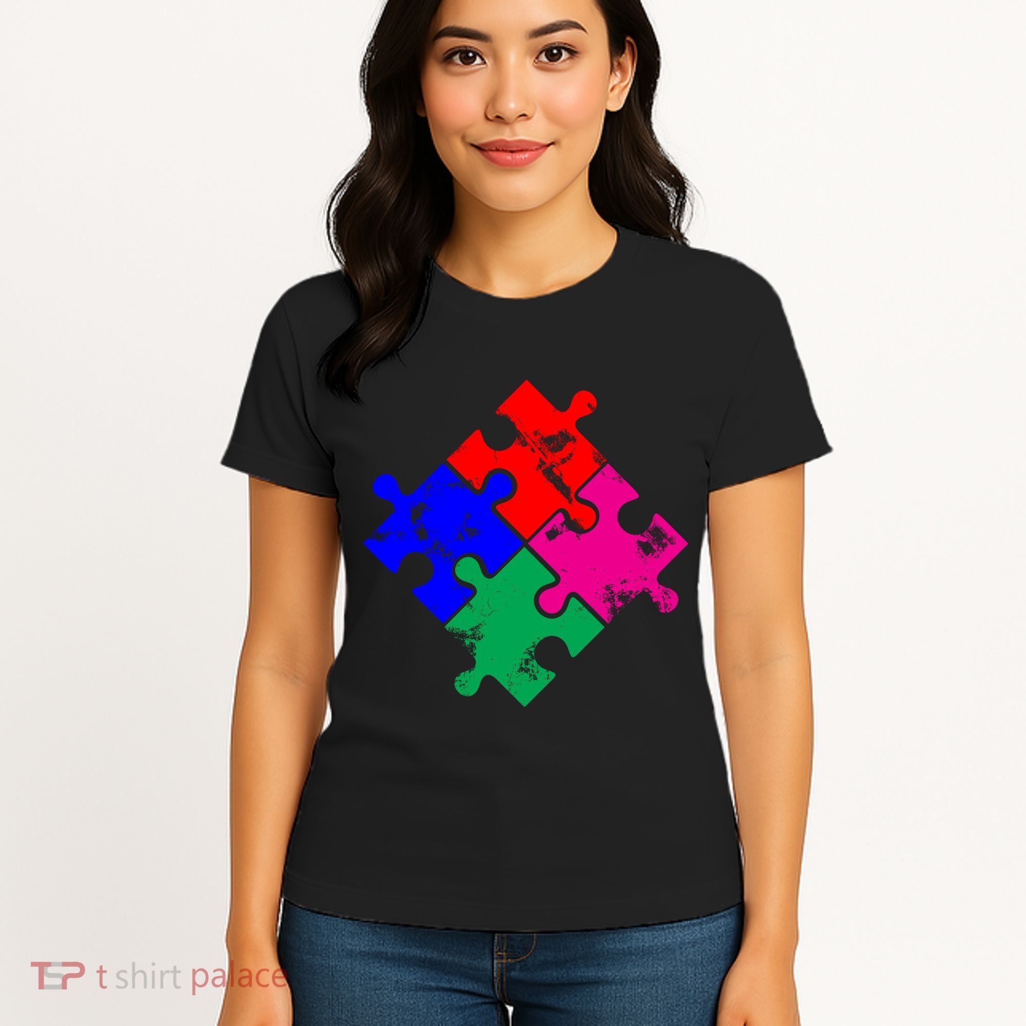 Autism Awareness Distressed Puzzle Pieces  Women's T-Shirt