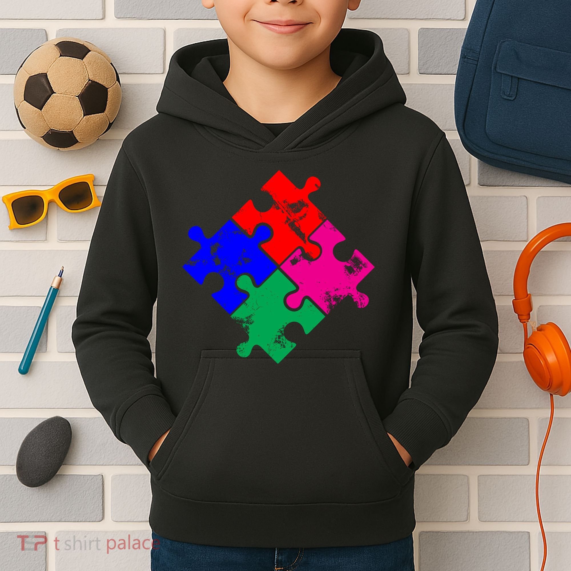 Autism Awareness Distressed Puzzle Pieces  Kids Hoodie