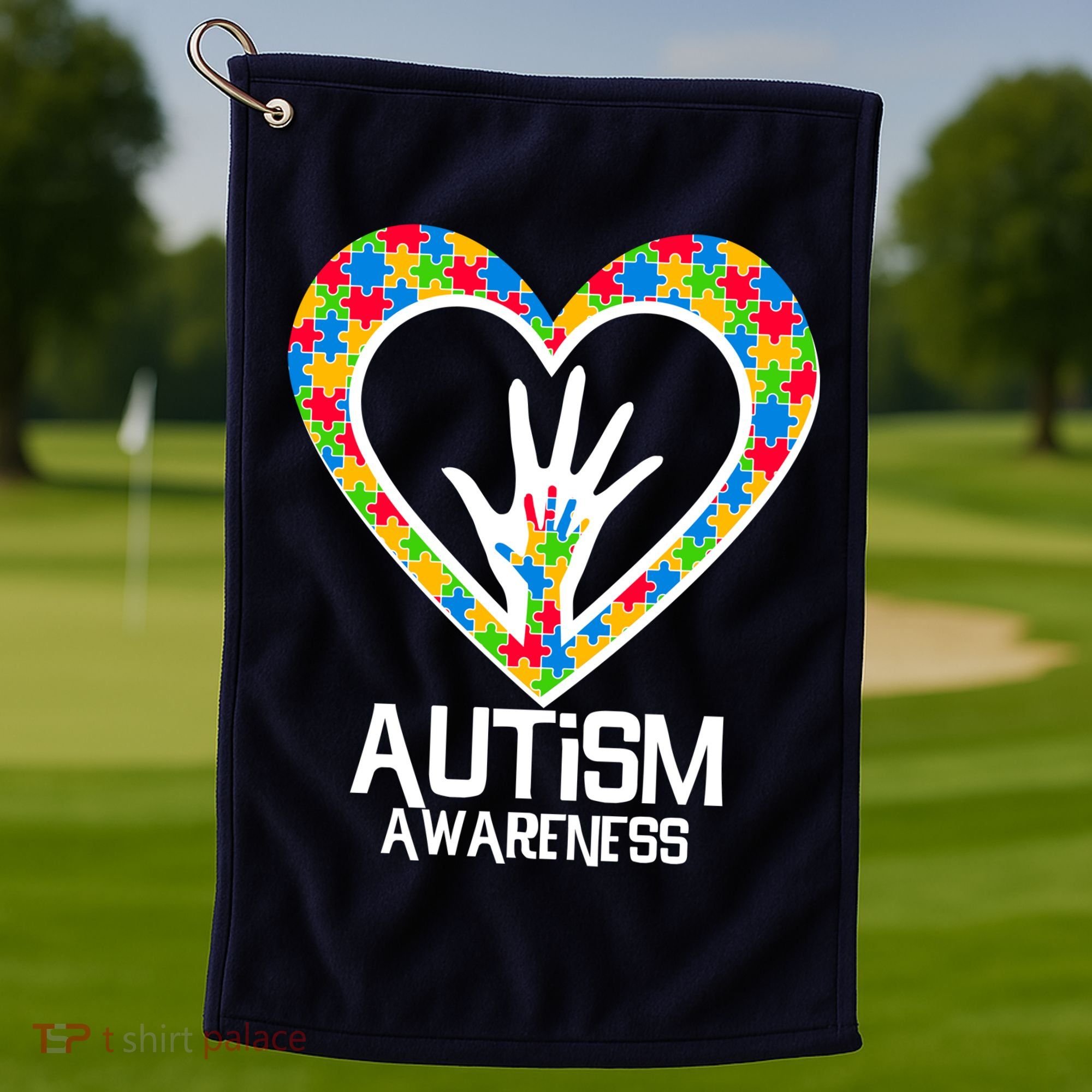 Autism Awareness Holding Hands Heart Puzzle Golf Towel