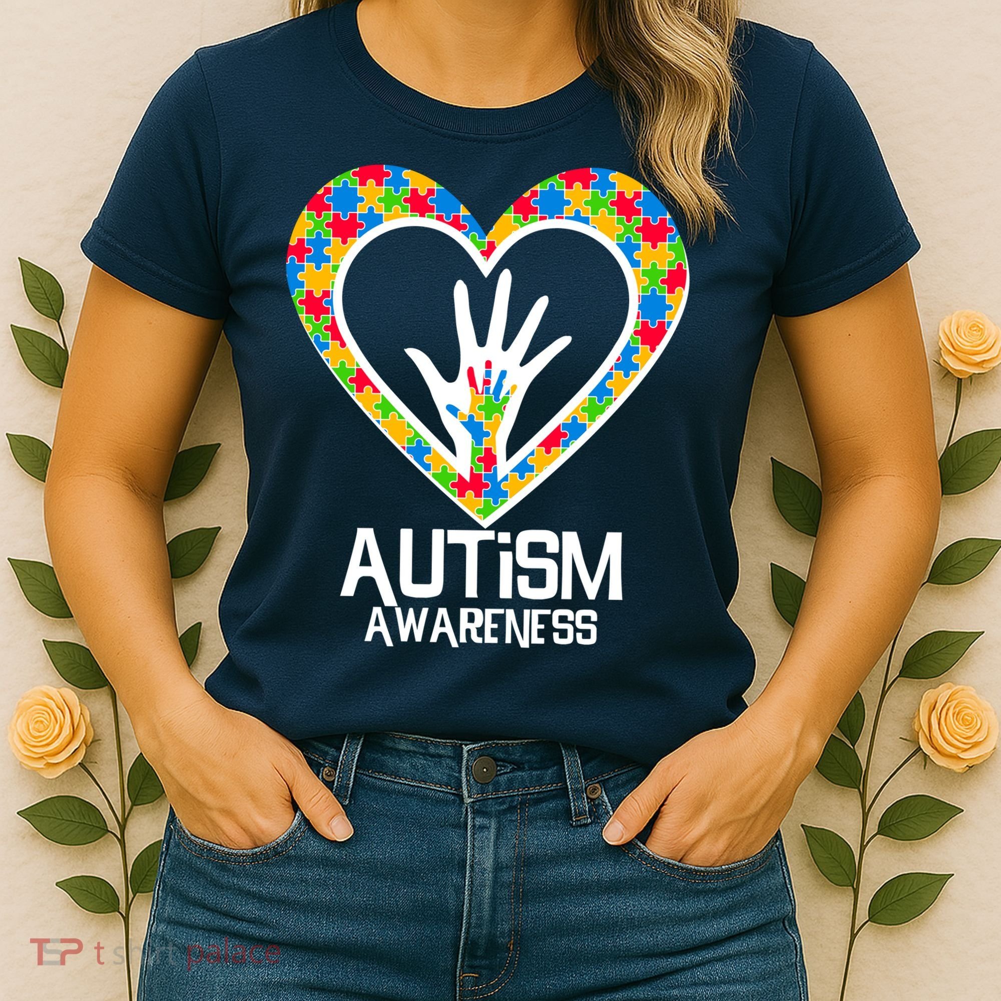 Autism Awareness Holding Hands Heart Puzzle Women's T-Shirt