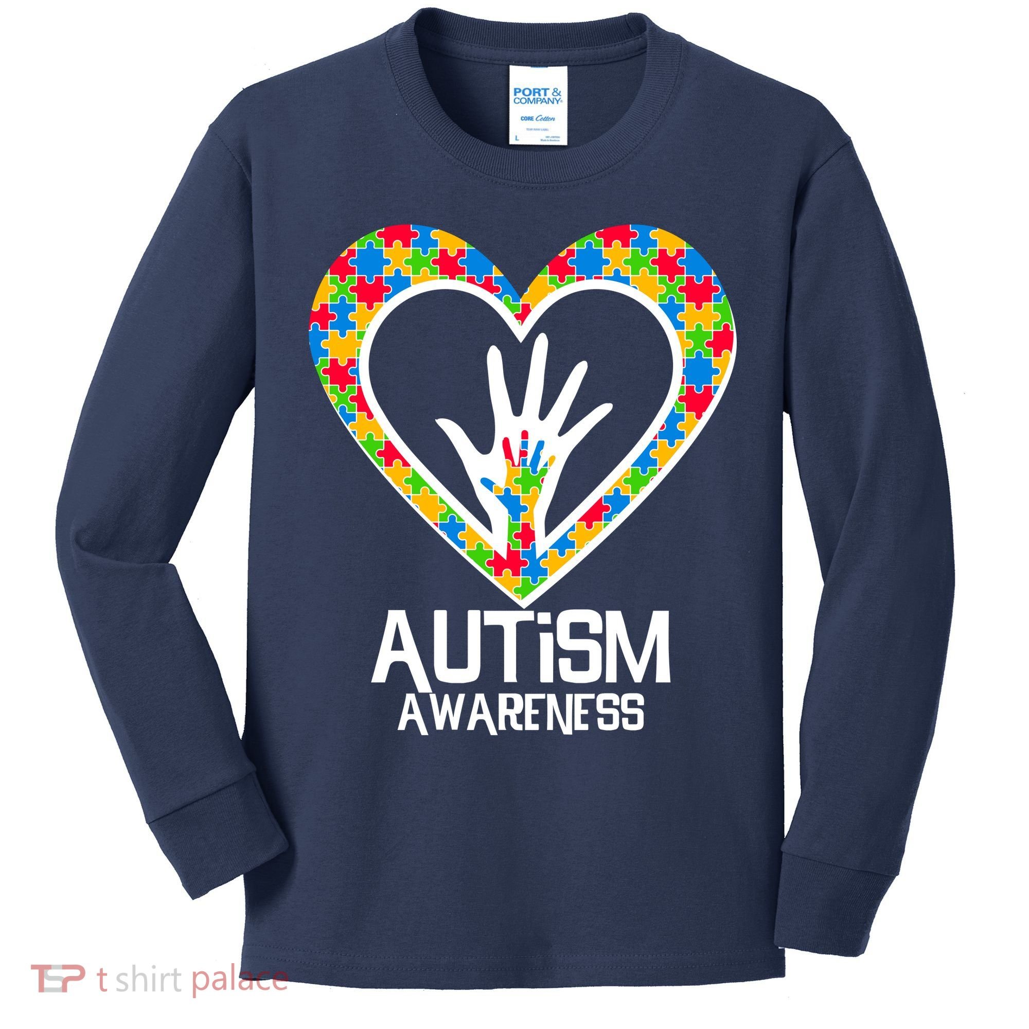Autism Awareness Holding Hands Heart Puzzle Kids Long Sleeve Shirt