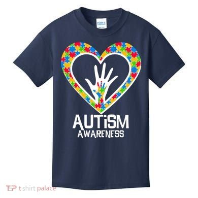 Autism Awareness Holding Hands Heart Puzzle Kids T-Shirt