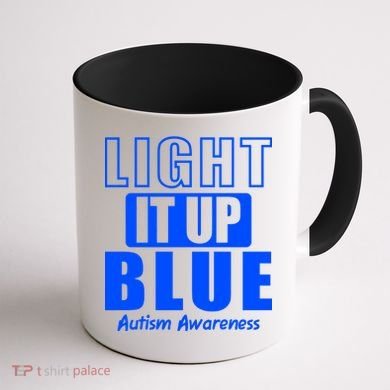 Autism Awareness Light It Up Blue Text Logo Coffee Mug back