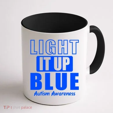 Autism Awareness Light It Up Blue Text Logo Coffee Mug back