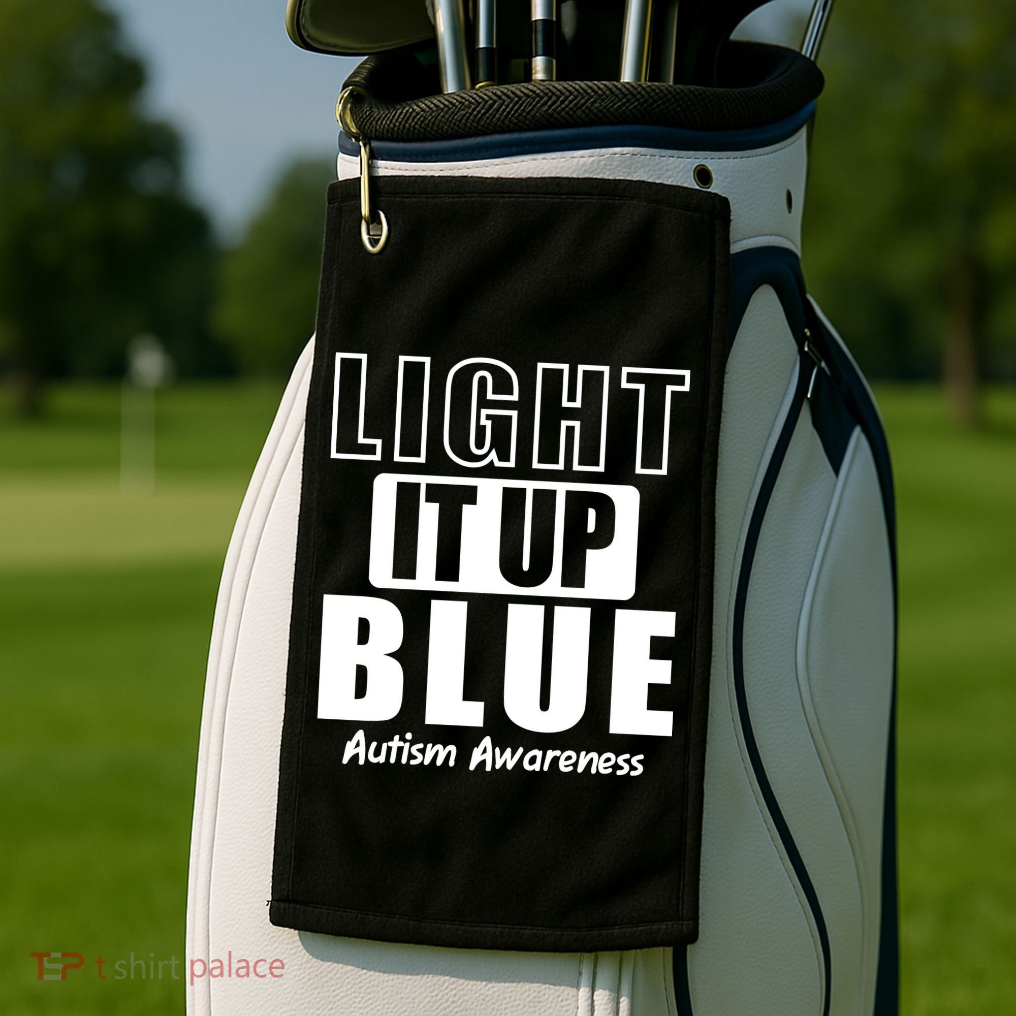 Autism Awareness Light It Up Blue Text Logo Golf Towel