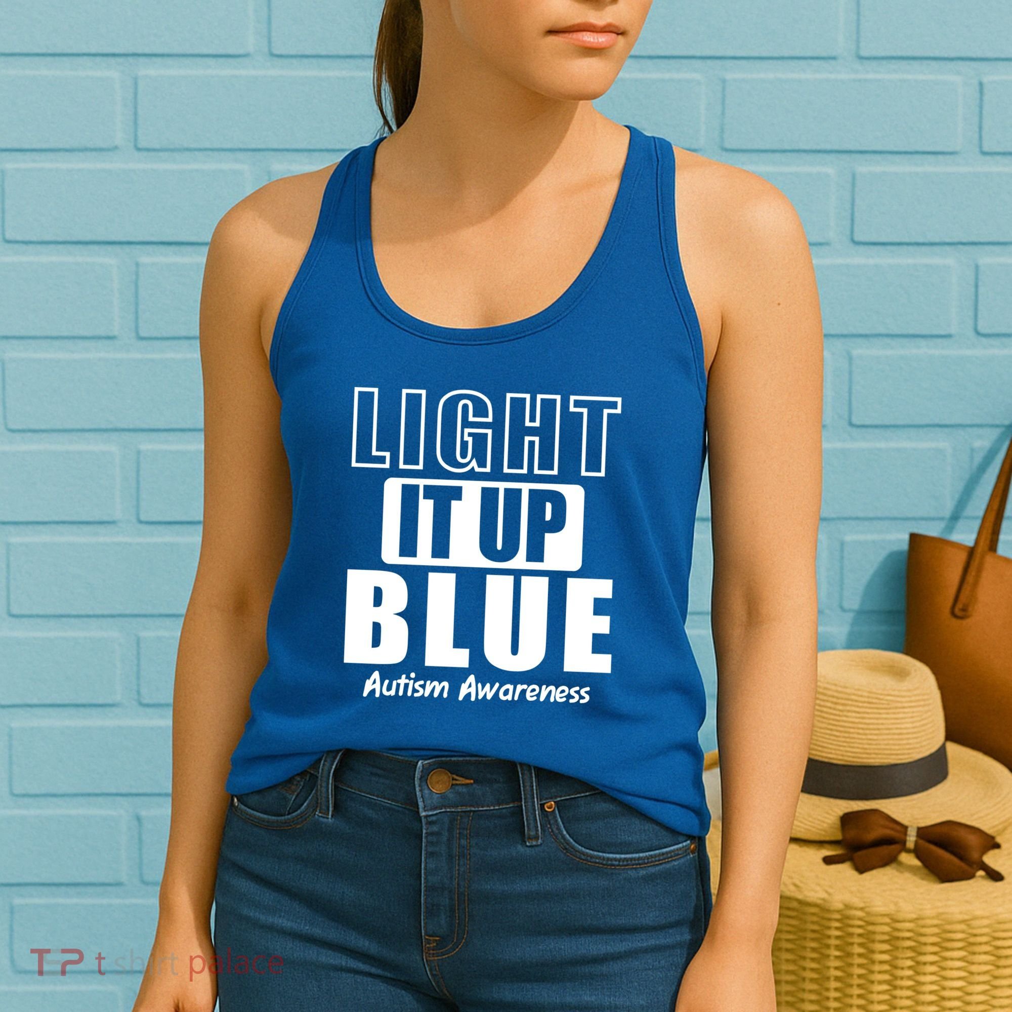 Autism Awareness Light It Up Blue Text Logo Women's Tank Top