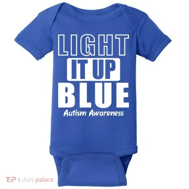 Autism Awareness Light It Up Blue Text Logo Baby Bodysuit