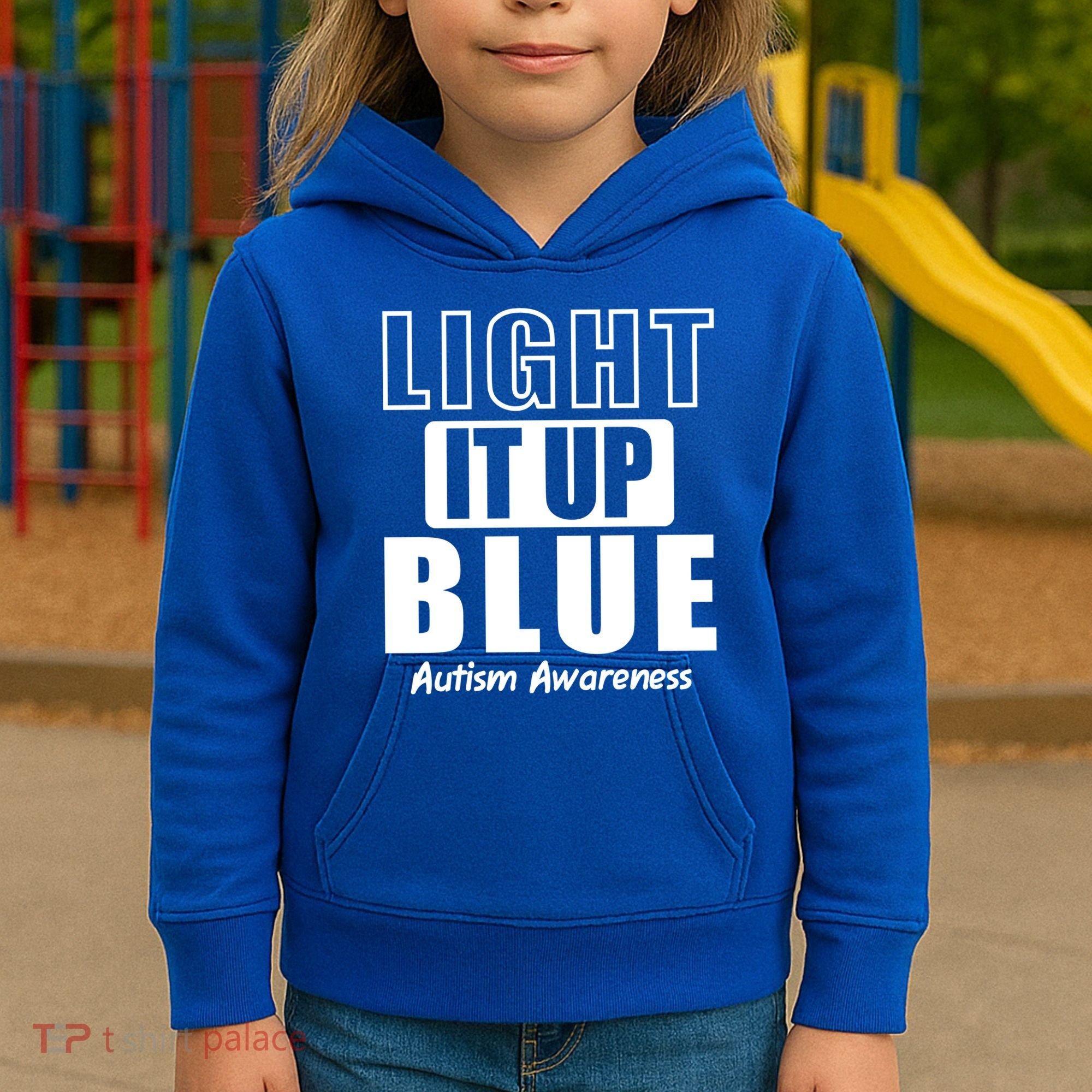 Autism Awareness Light It Up Blue Text Logo Kids Hoodie