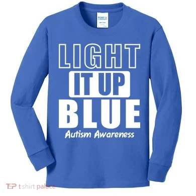 Autism Awareness Light It Up Blue Text Logo Kids Long Sleeve Shirt
