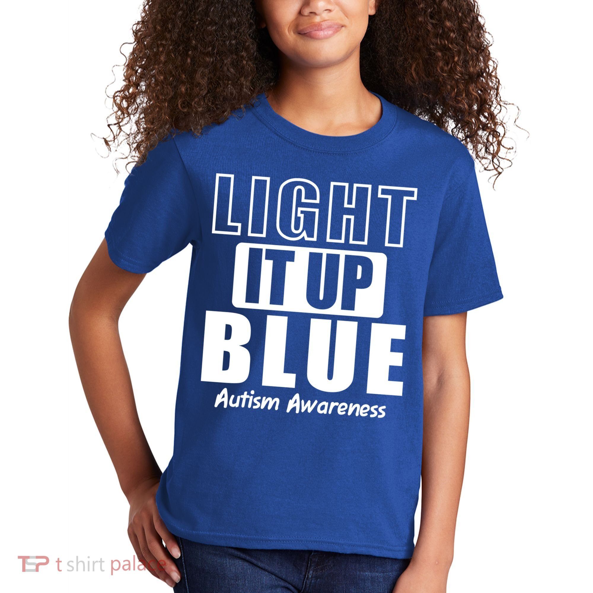 Autism Awareness Light It Up Blue Text Logo Kids T-Shirt