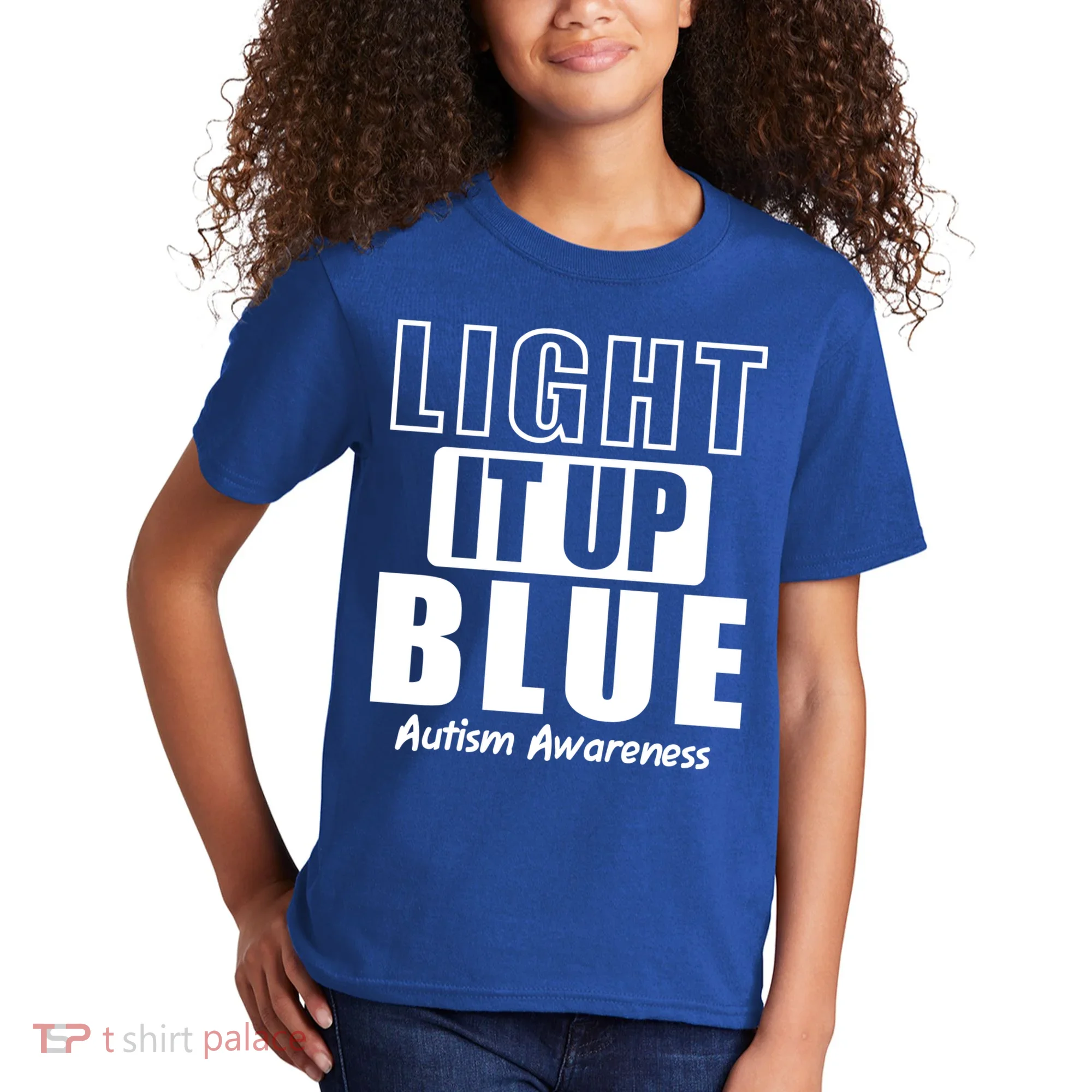 Autism Awareness Light It Up Blue Text Logo Kids T-Shirt