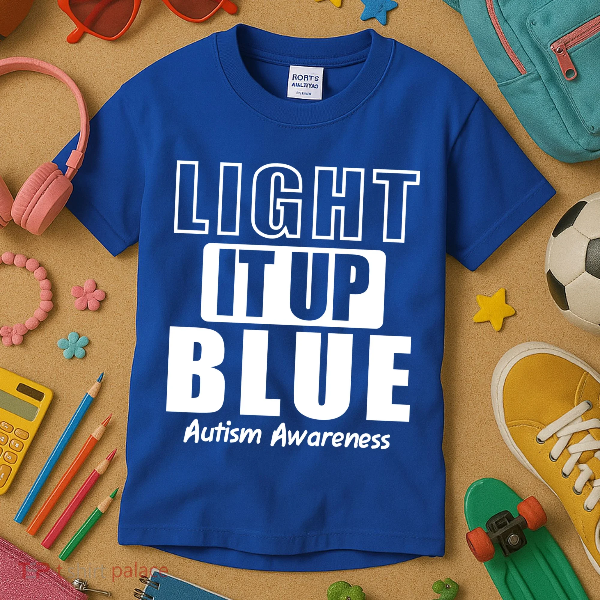 Autism Awareness Light It Up Blue Text Logo Kids T-Shirt