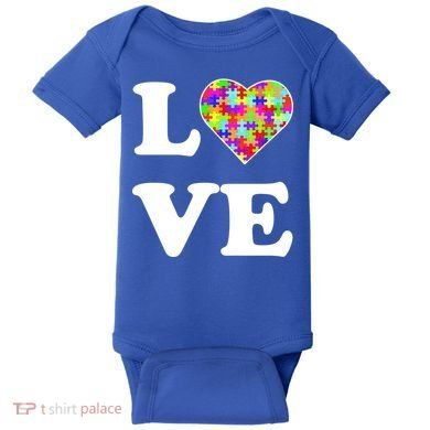 Autism Awareness Love Heart Puzzle Pieces Baby Bodysuit