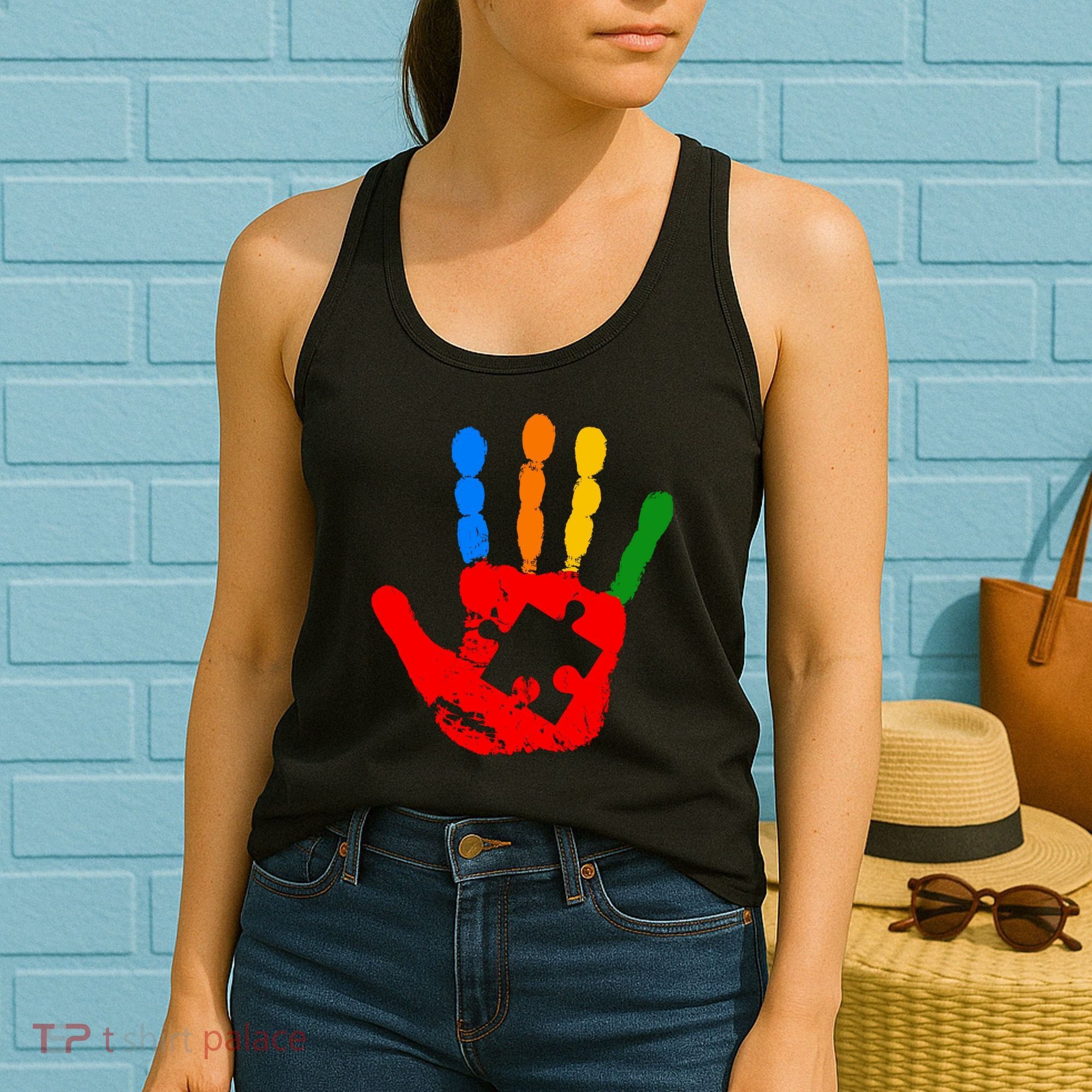 Autism Awareness Painted Hand Puzzle Piece Women's Tank Top