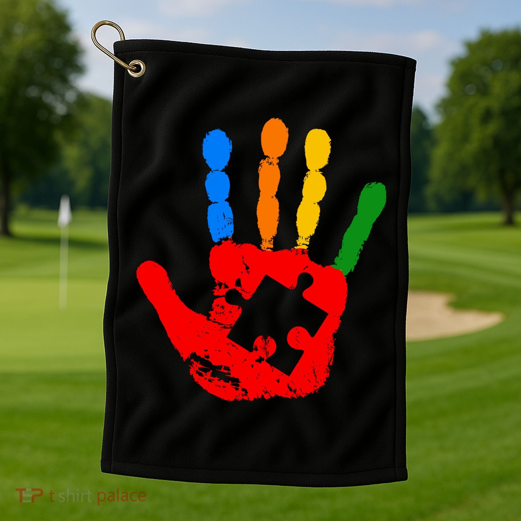 Autism Awareness Painted Hand Puzzle Piece Golf Towel