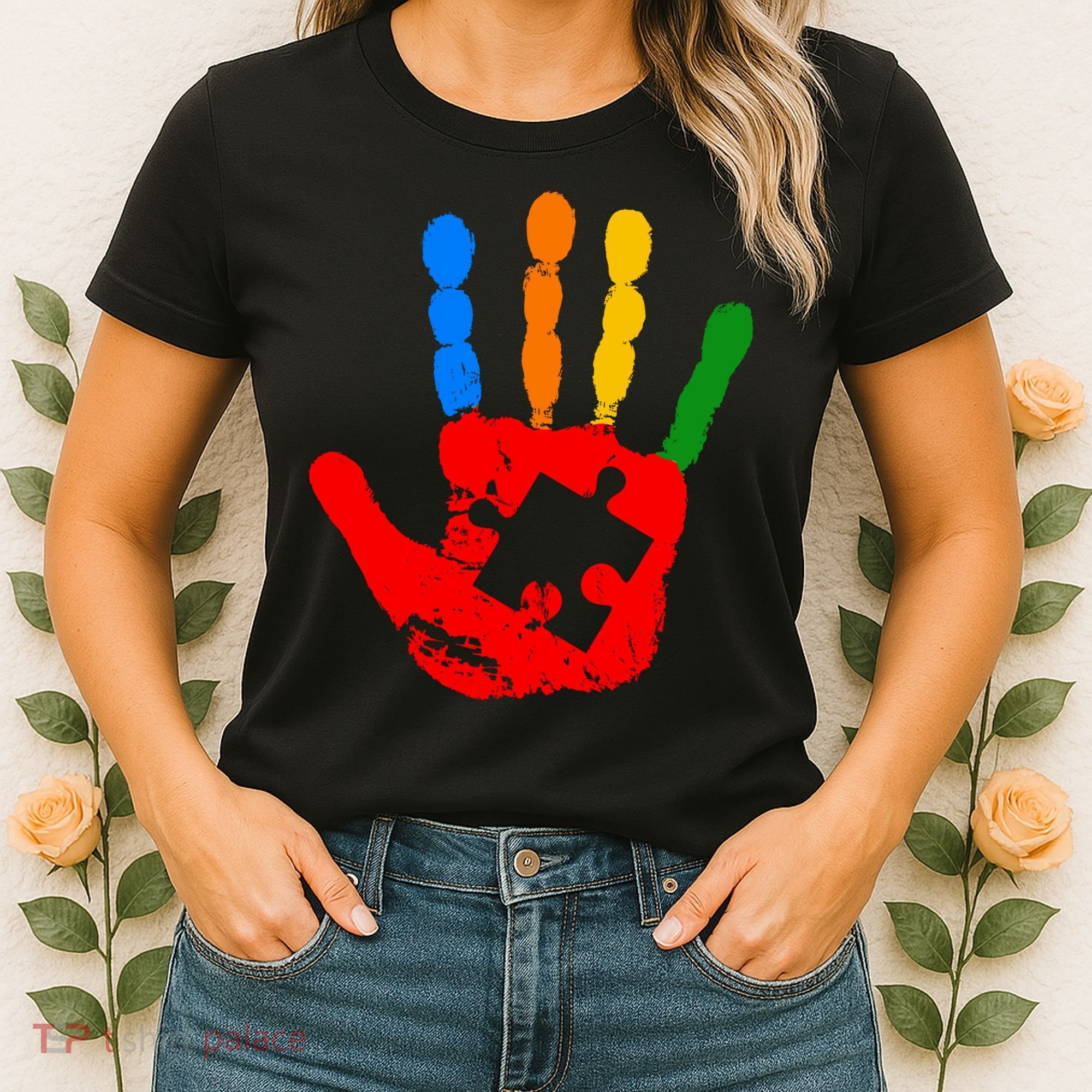 Autism Awareness Painted Hand Puzzle Piece Women's T-Shirt