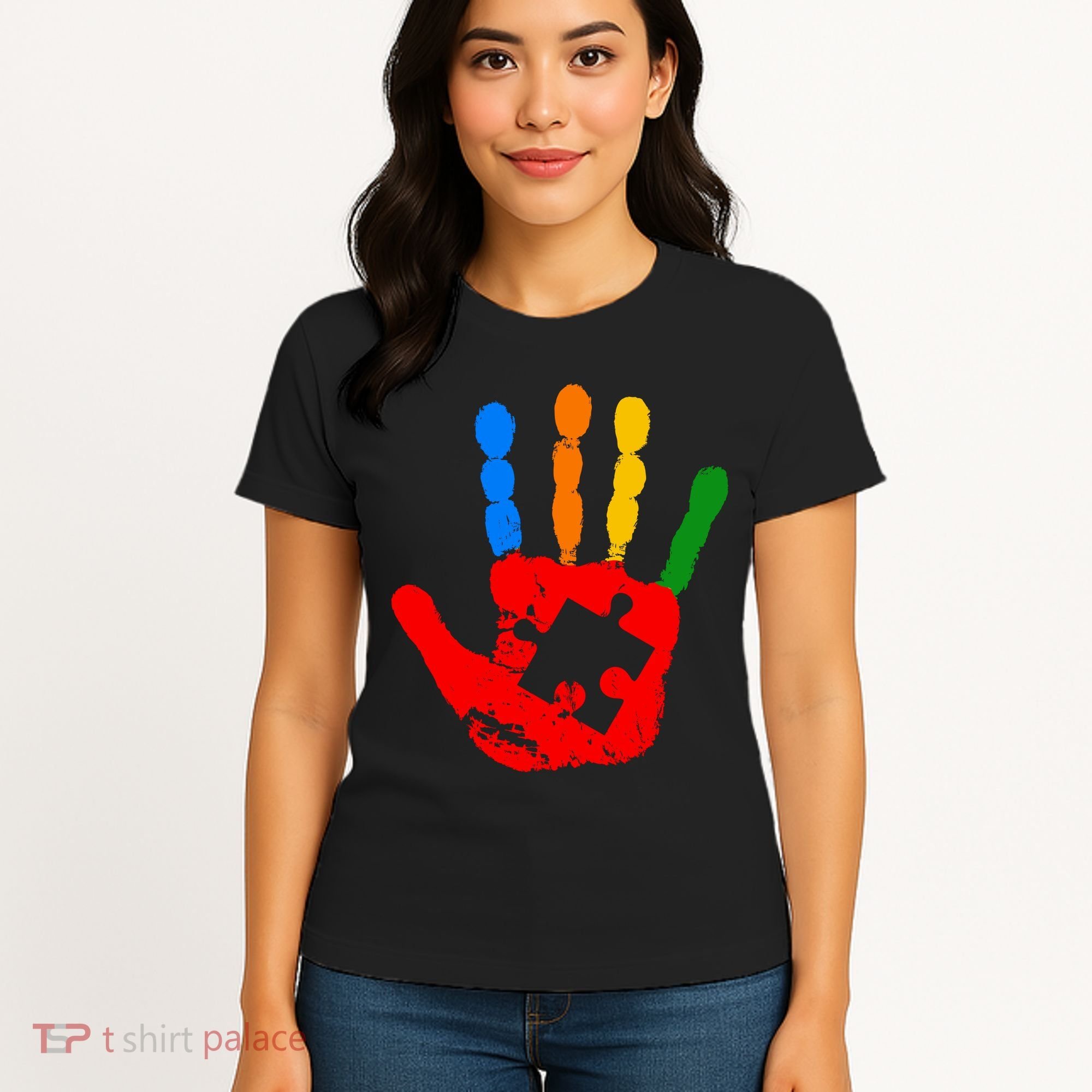Autism Awareness Painted Hand Puzzle Piece Women's T-Shirt