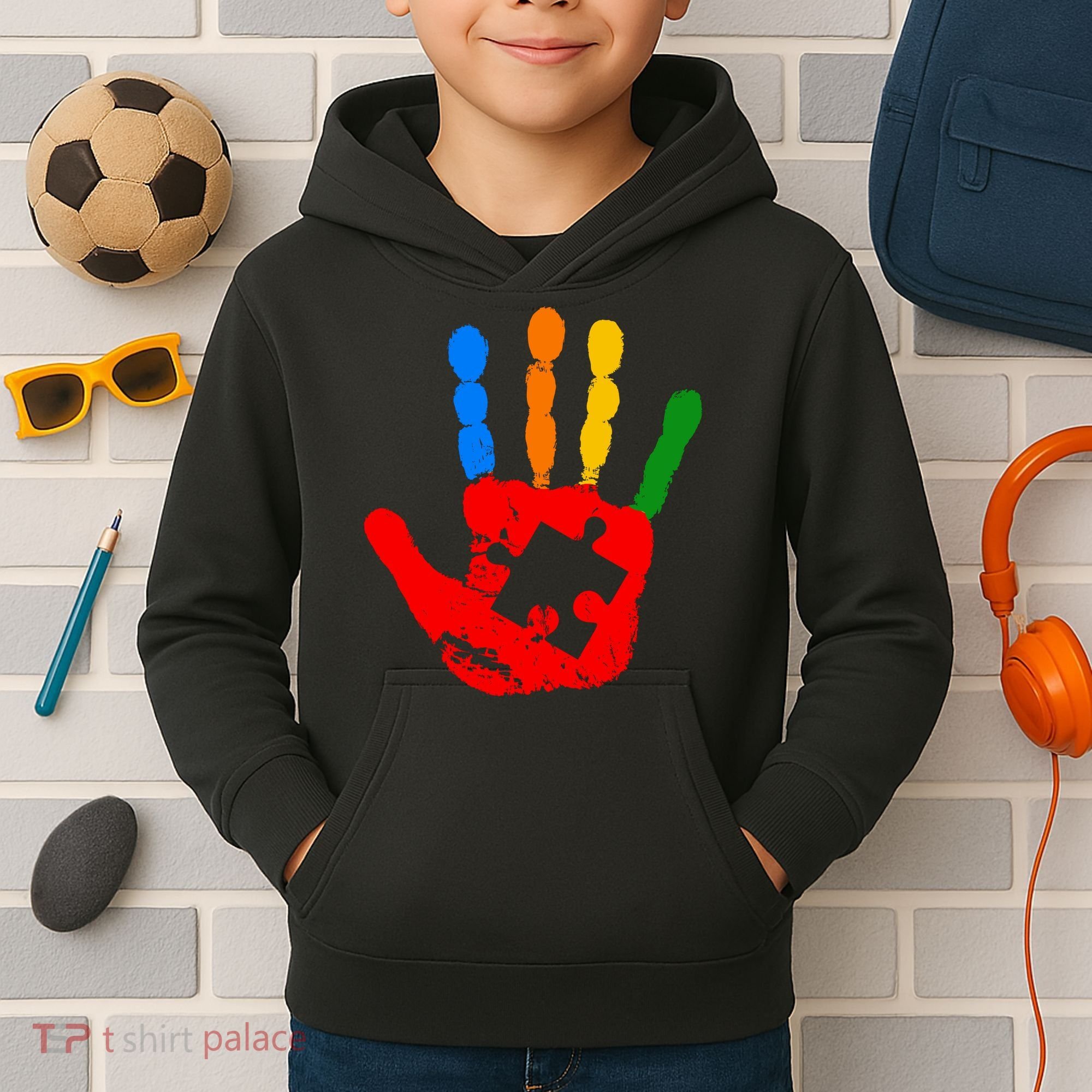 Autism Awareness Painted Hand Puzzle Piece Kids Hoodie