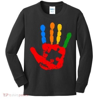 Autism Awareness Painted Hand Puzzle Piece Kids Long Sleeve Shirt